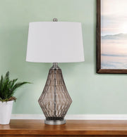 31" Gray Metal Geometric Table Lamp With Off White Empire Shade-Table Lamps-DECOROLALA