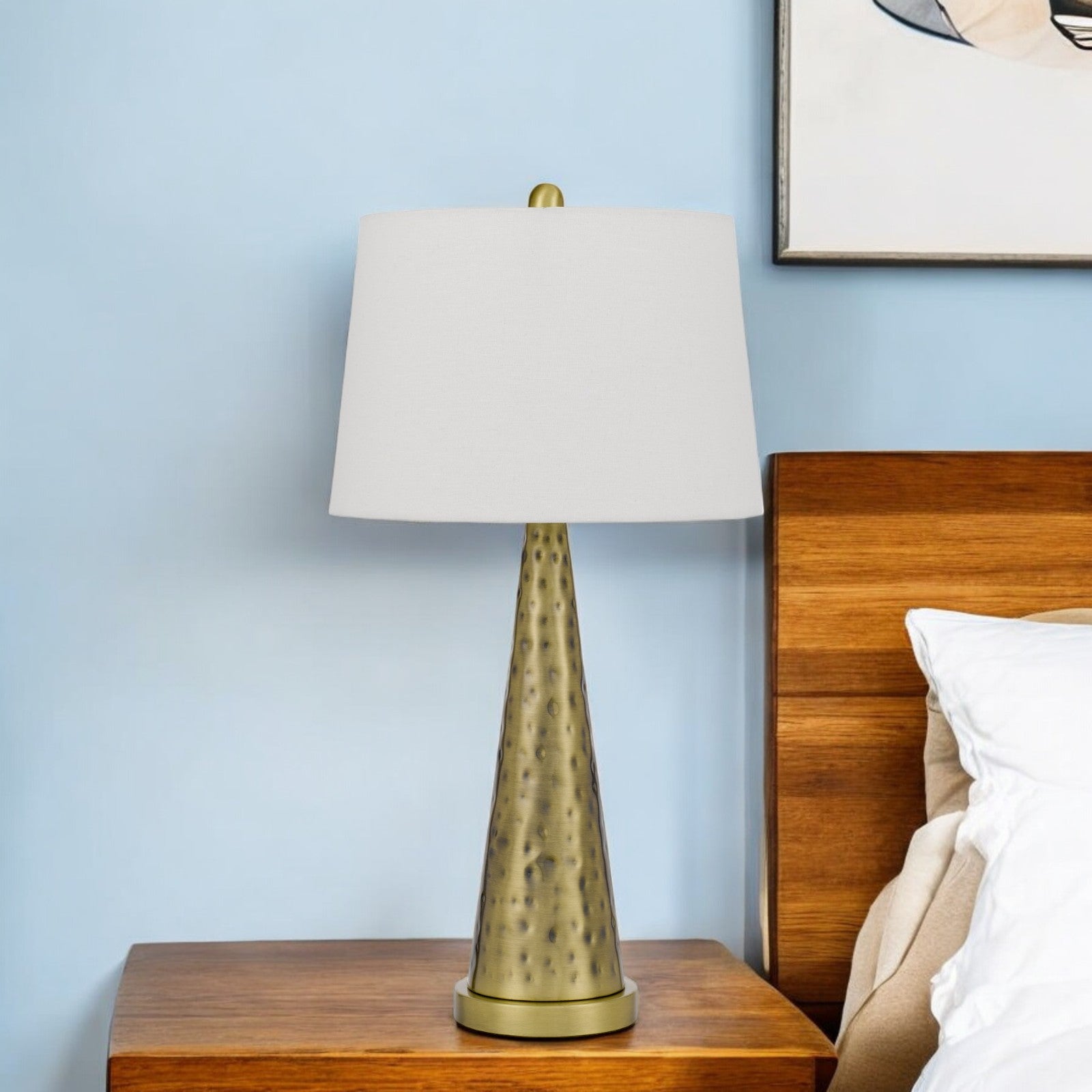 27" Antiqued Brass Metal Geometric Table Lamp With White Empire Shade-Table Lamps-DECOROLALA