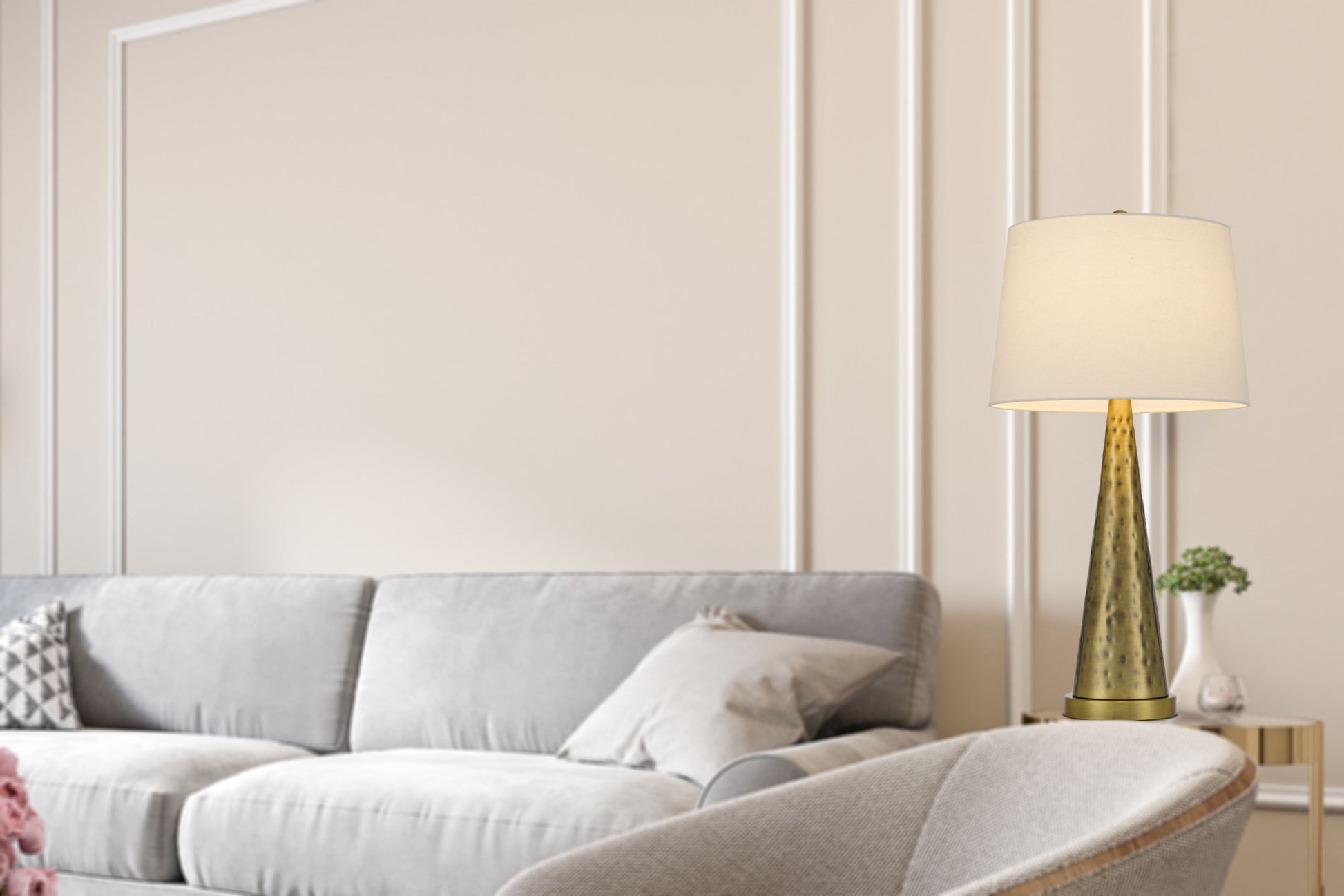 27" Antiqued Brass Metal Geometric Table Lamp With White Empire Shade-Table Lamps-DECOROLALA