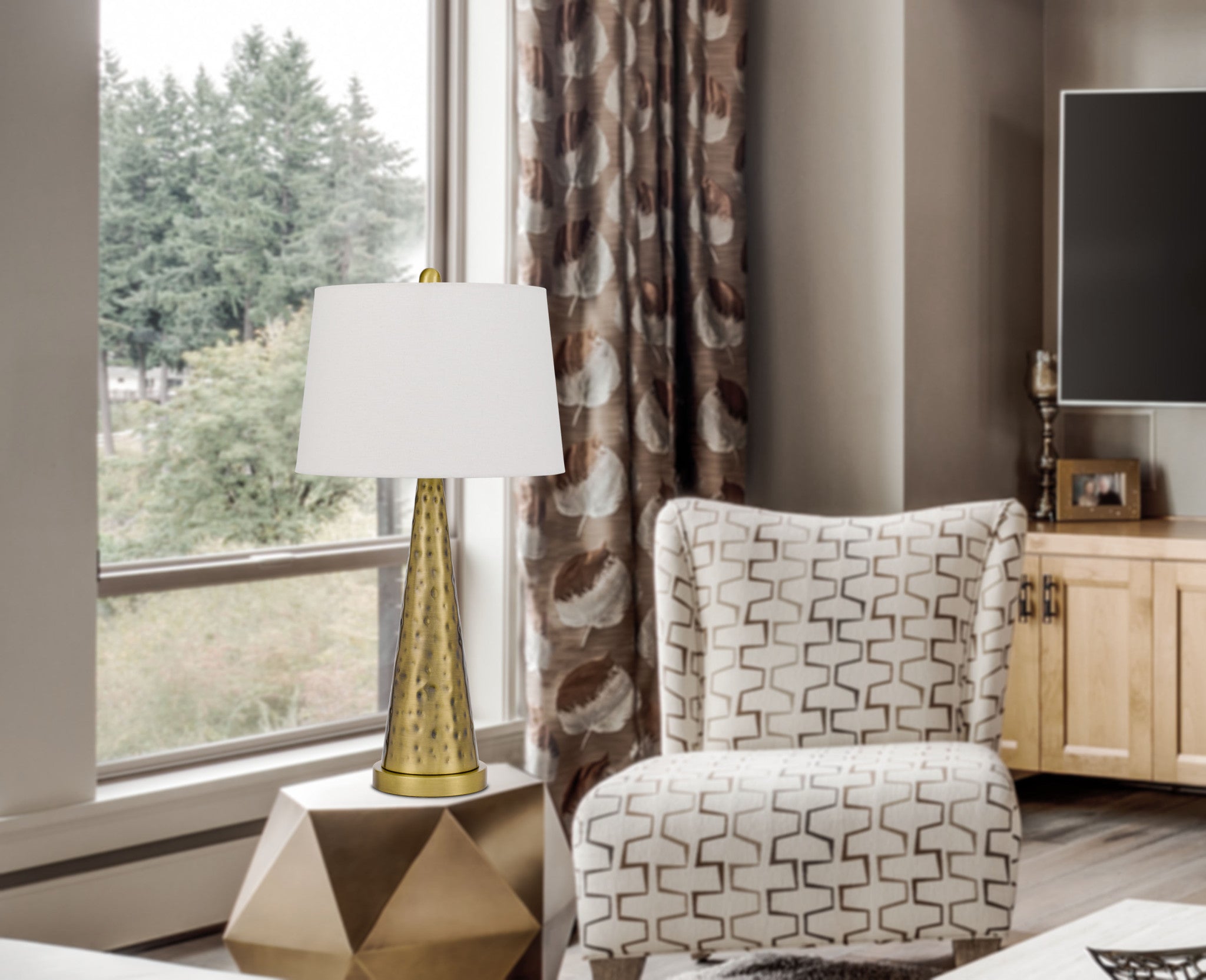 27" Antiqued Brass Metal Geometric Table Lamp With White Empire Shade-Table Lamps-DECOROLALA