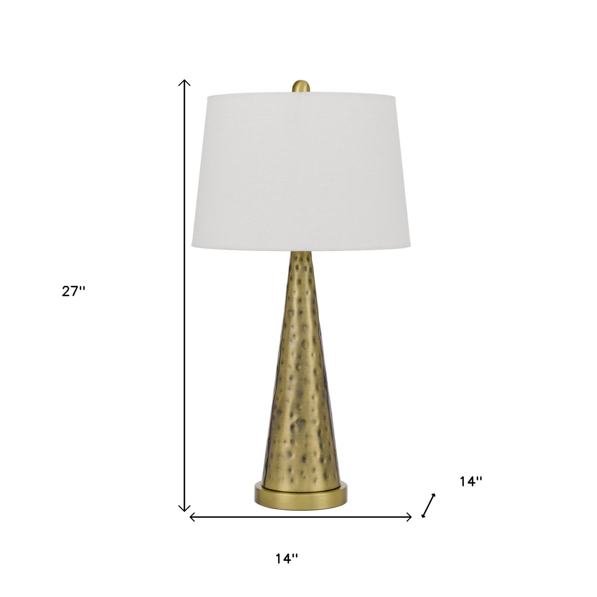 27" Antiqued Brass Metal Geometric Table Lamp With White Empire Shade-Table Lamps-DECOROLALA