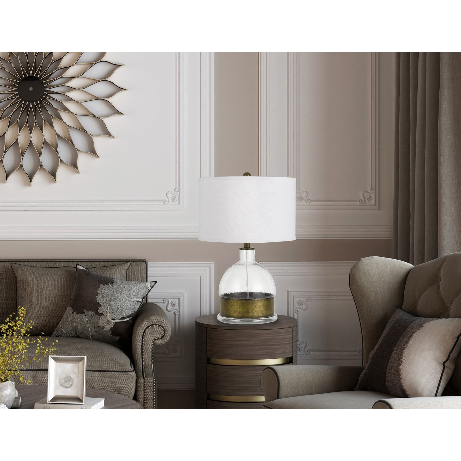 25" Nickel Glass Globe Table Lamp With White Drum Shade-Table Lamps-DECOROLALA