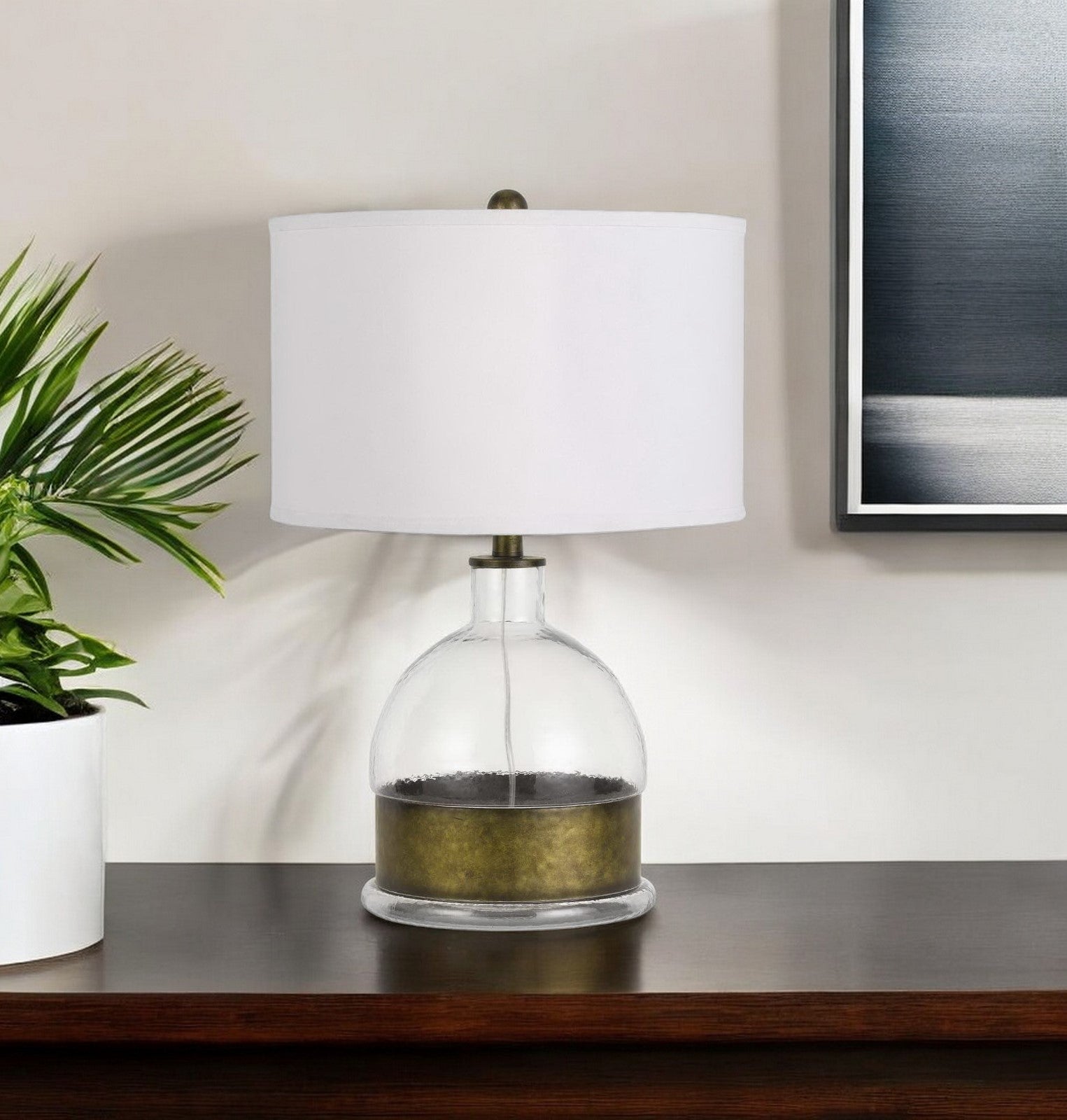 25" Nickel Glass Globe Table Lamp With White Drum Shade-Table Lamps-DECOROLALA