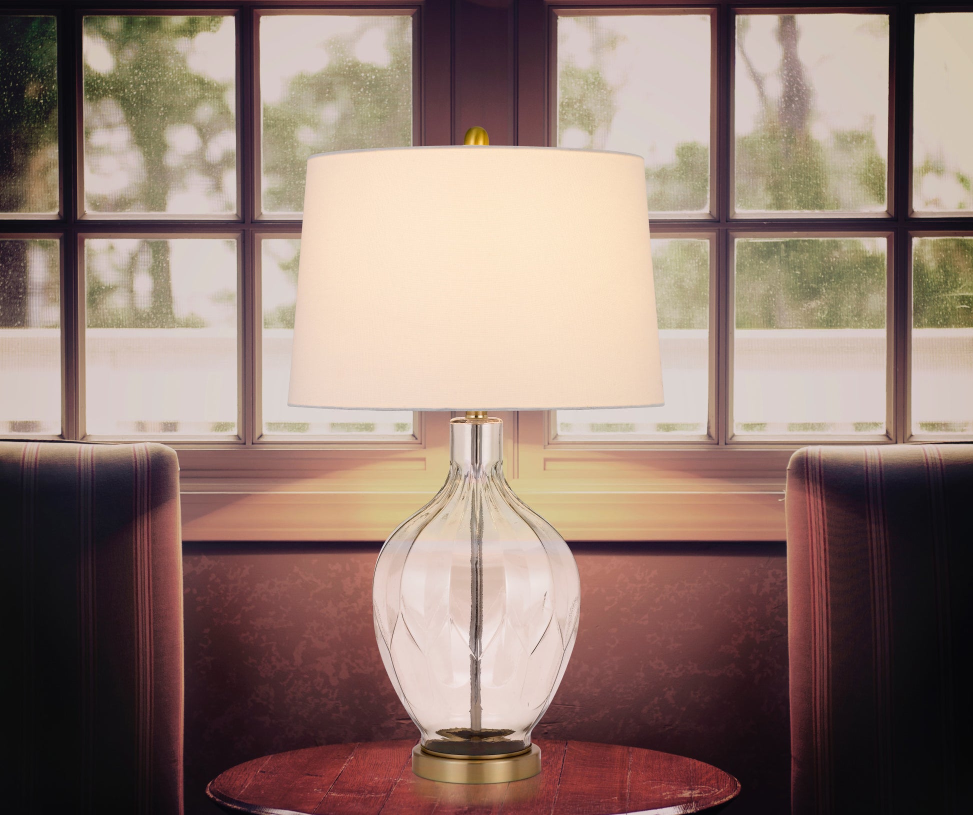 30" Clear Metal Table Lamp With Off White Drum Shade-4