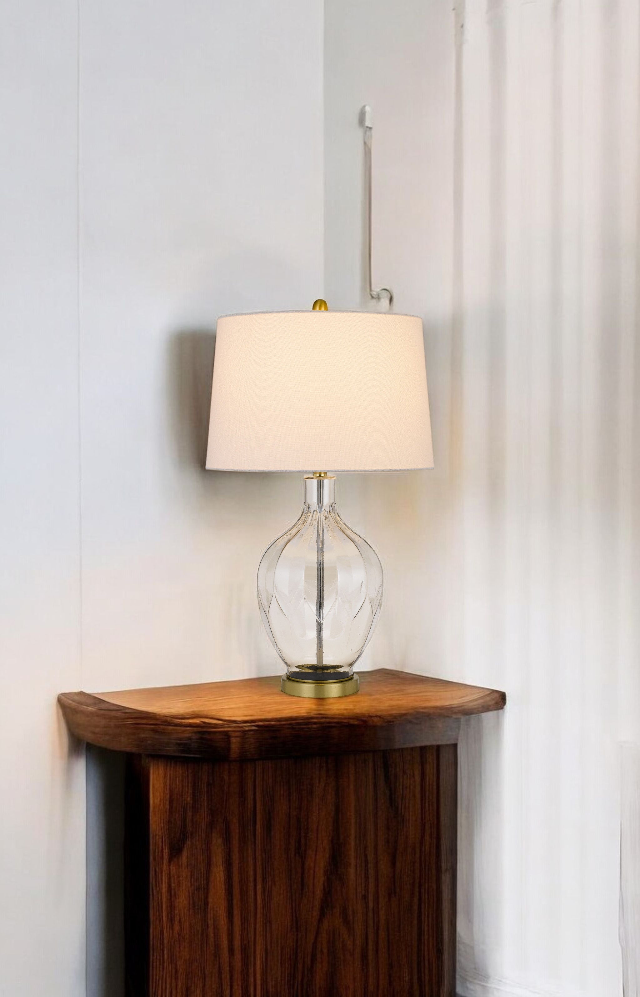 30" Clear Metal Table Lamp With Off White Drum Shade-1