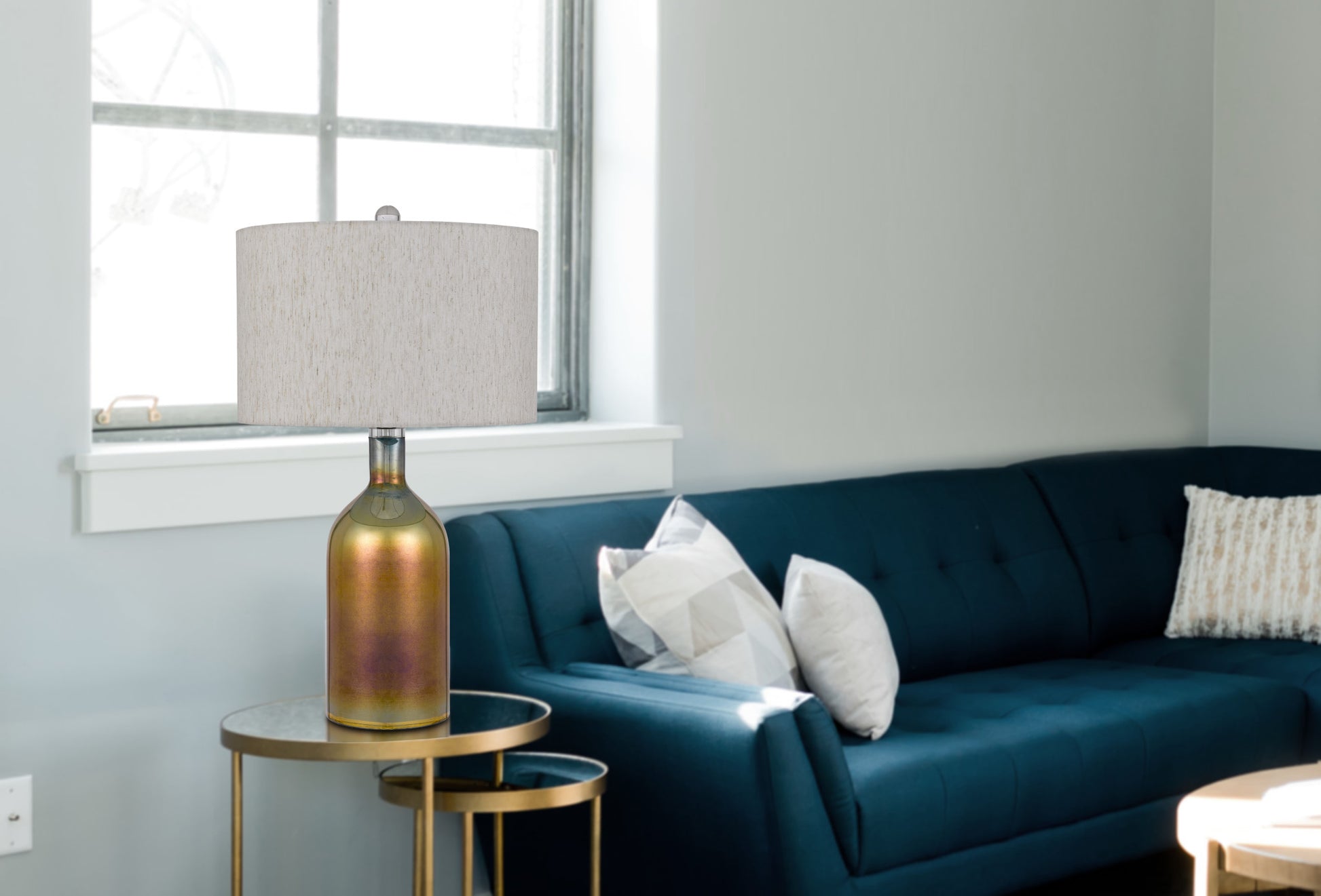 28" Gold Glass Novelty Table Lamp With Gray Drum Shade-5