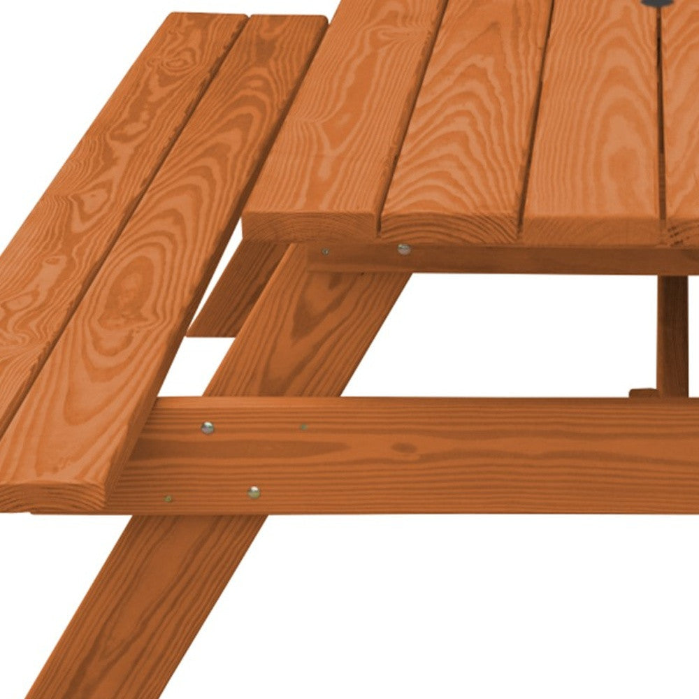 94" Brown Solid Wood Outdoor Picnic Table with Umbrella Hole-Outdoor Tables-DECOROLALA