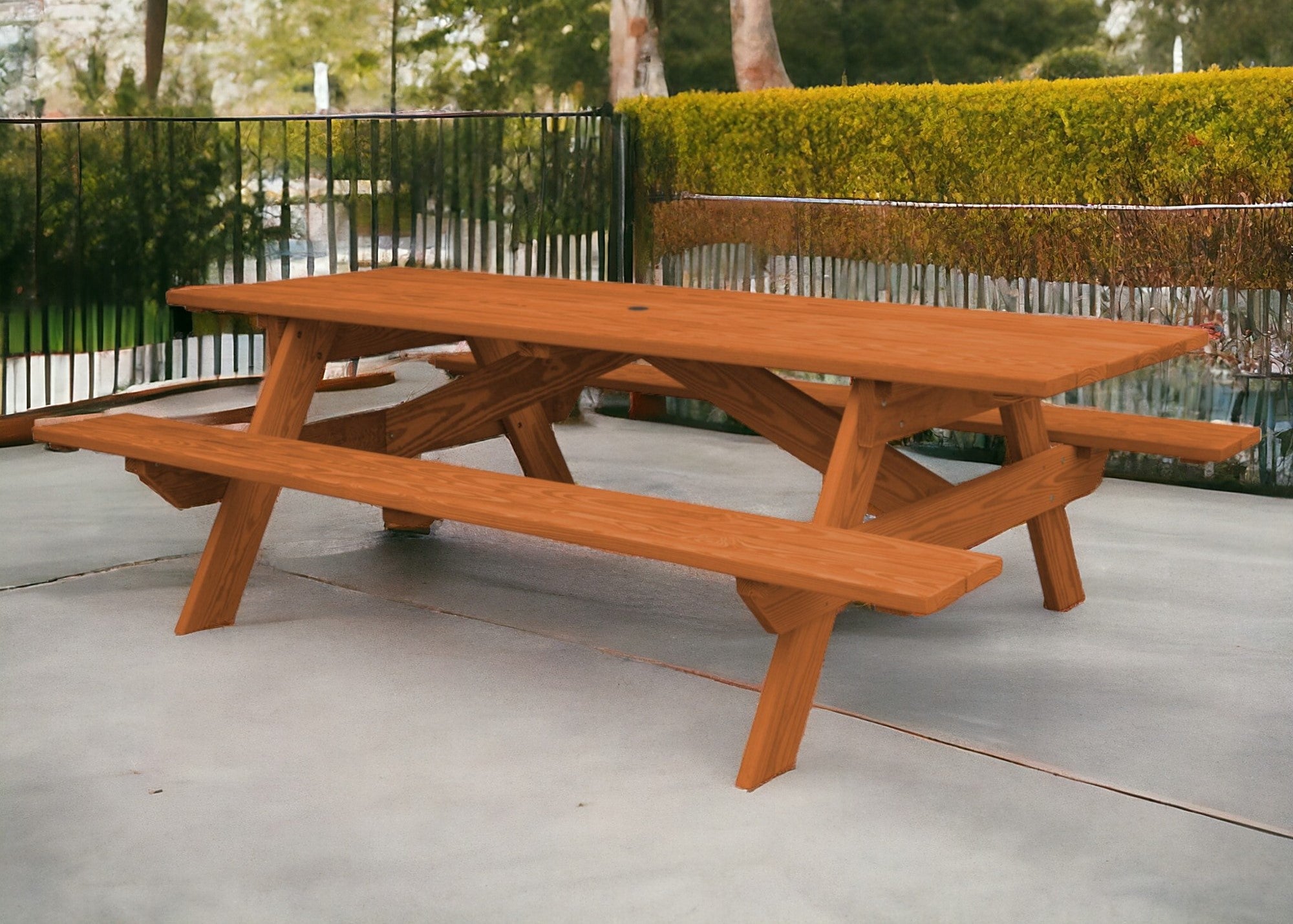 94" Brown Solid Wood Outdoor Picnic Table with Umbrella Hole-Outdoor Tables-DECOROLALA