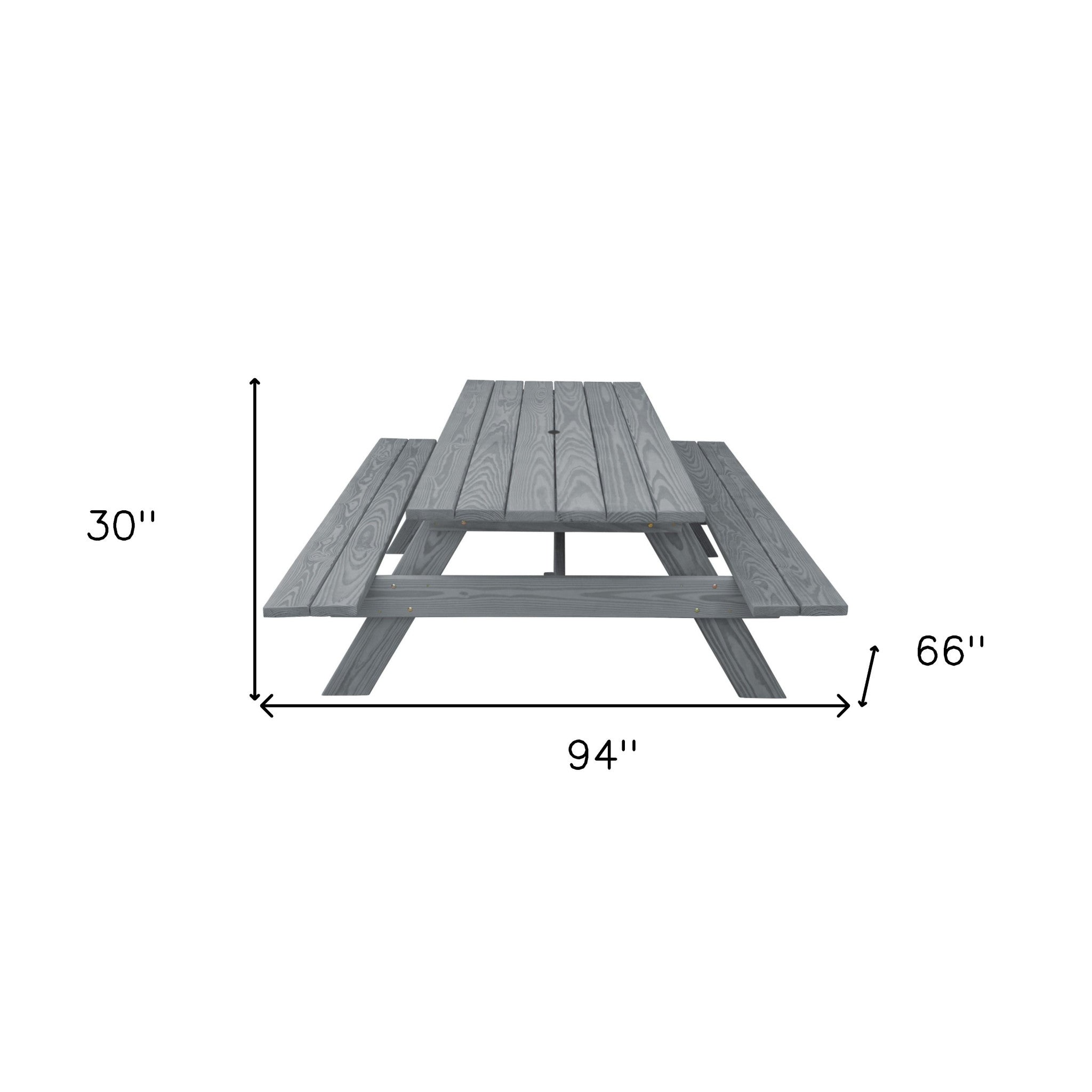 94" Gray Solid Wood Outdoor Picnic Table with Umbrella Hole-Outdoor Tables-DECOROLALA