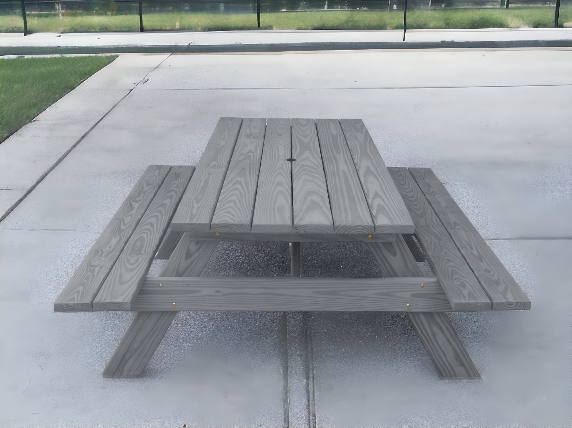 94" Gray Solid Wood Outdoor Picnic Table with Umbrella Hole-Outdoor Tables-DECOROLALA