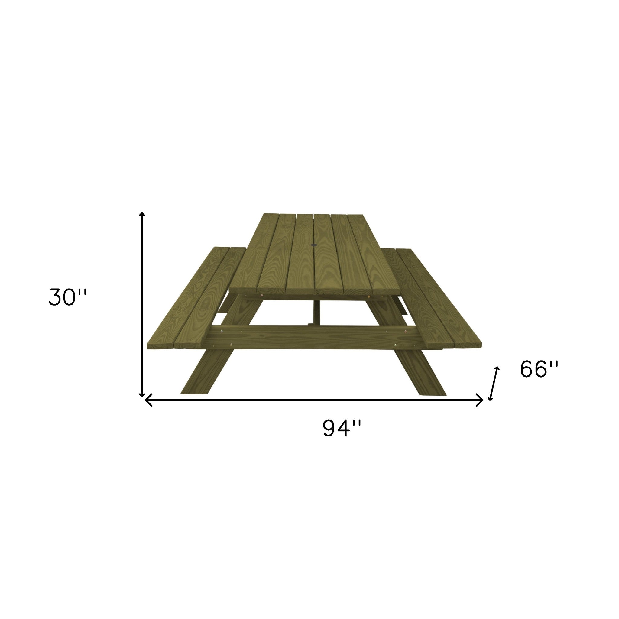 94" Green Solid Wood Outdoor Picnic Table with Umbrella Hole-Outdoor Tables-DECOROLALA