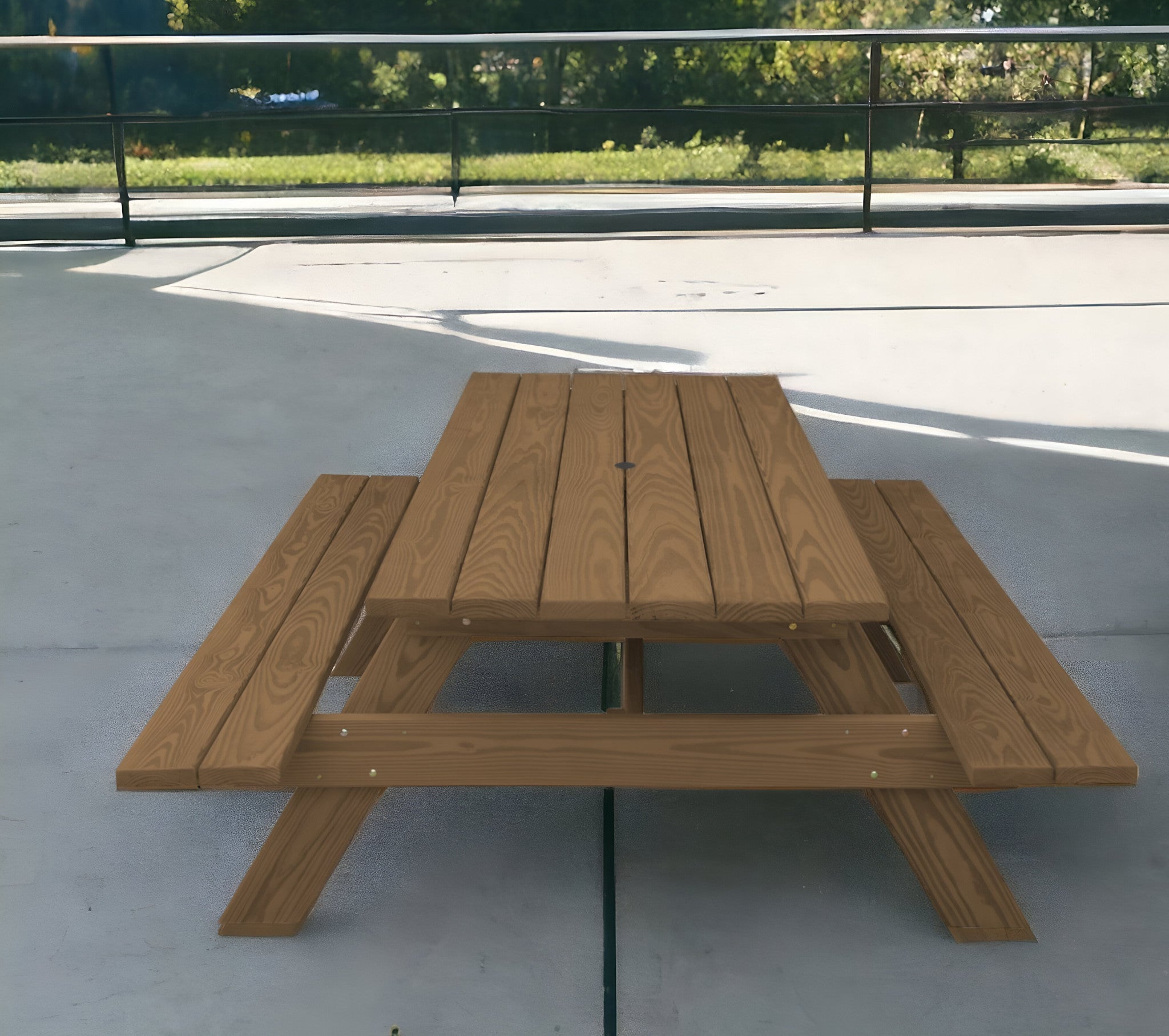 94" Brown Solid Wood Outdoor Picnic Table with Umbrella Hole-Outdoor Tables-DECOROLALA