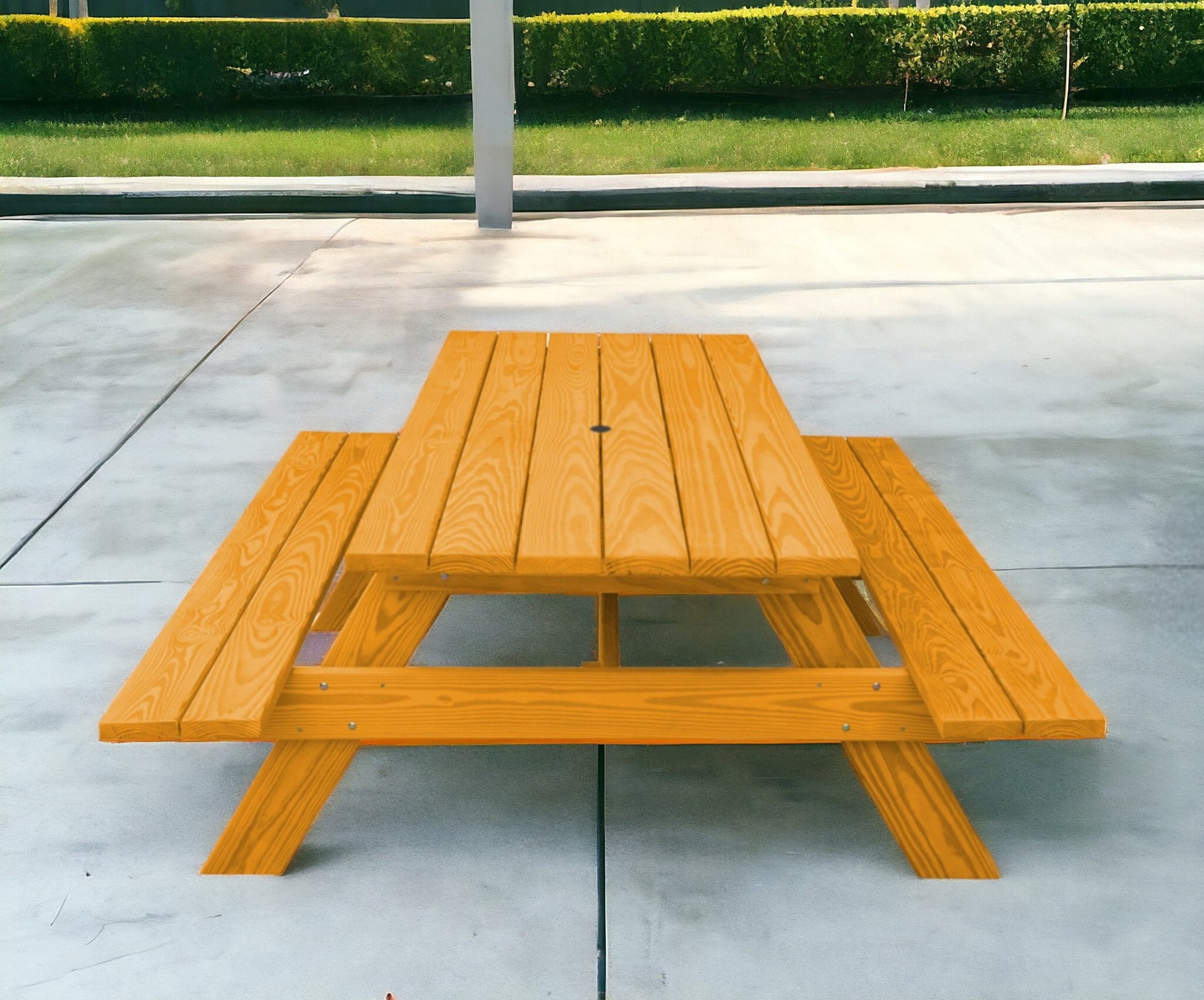 94" Natural Solid Wood Outdoor Picnic Table with Umbrella Hole-Outdoor Tables-DECOROLALA