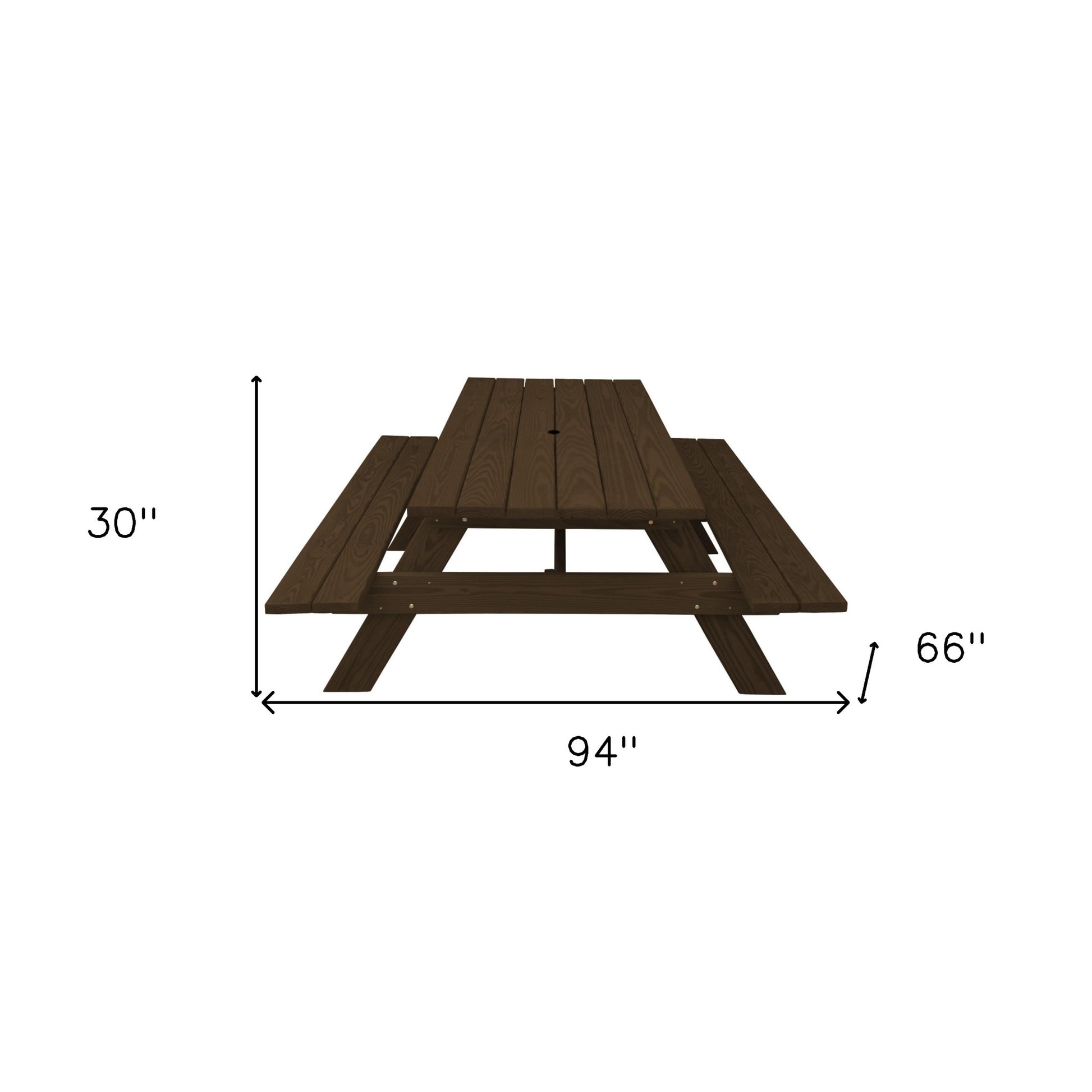 94" Dark Brown Solid Wood Outdoor Picnic Table with Umbrella Hole-Outdoor Tables-DECOROLALA