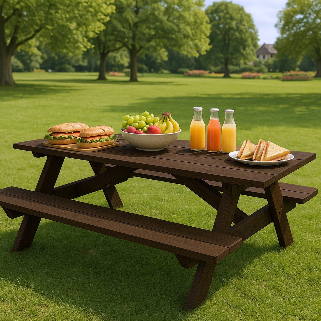 94" Dark Brown Solid Wood Outdoor Picnic Table with Umbrella Hole-Outdoor Tables-DECOROLALA