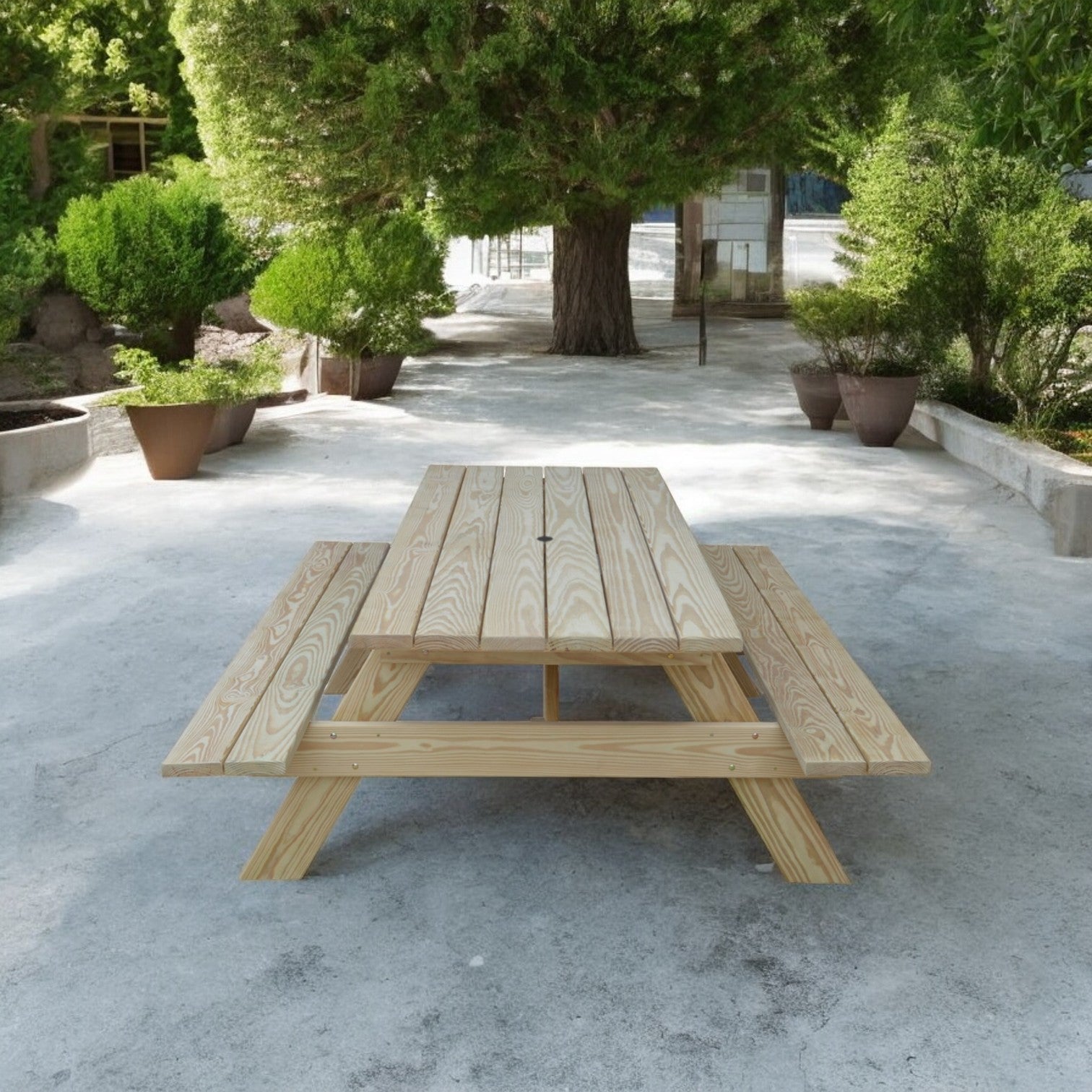 94" Beige Solid Wood Outdoor Picnic Table with Umbrella Hole-Outdoor Tables-DECOROLALA