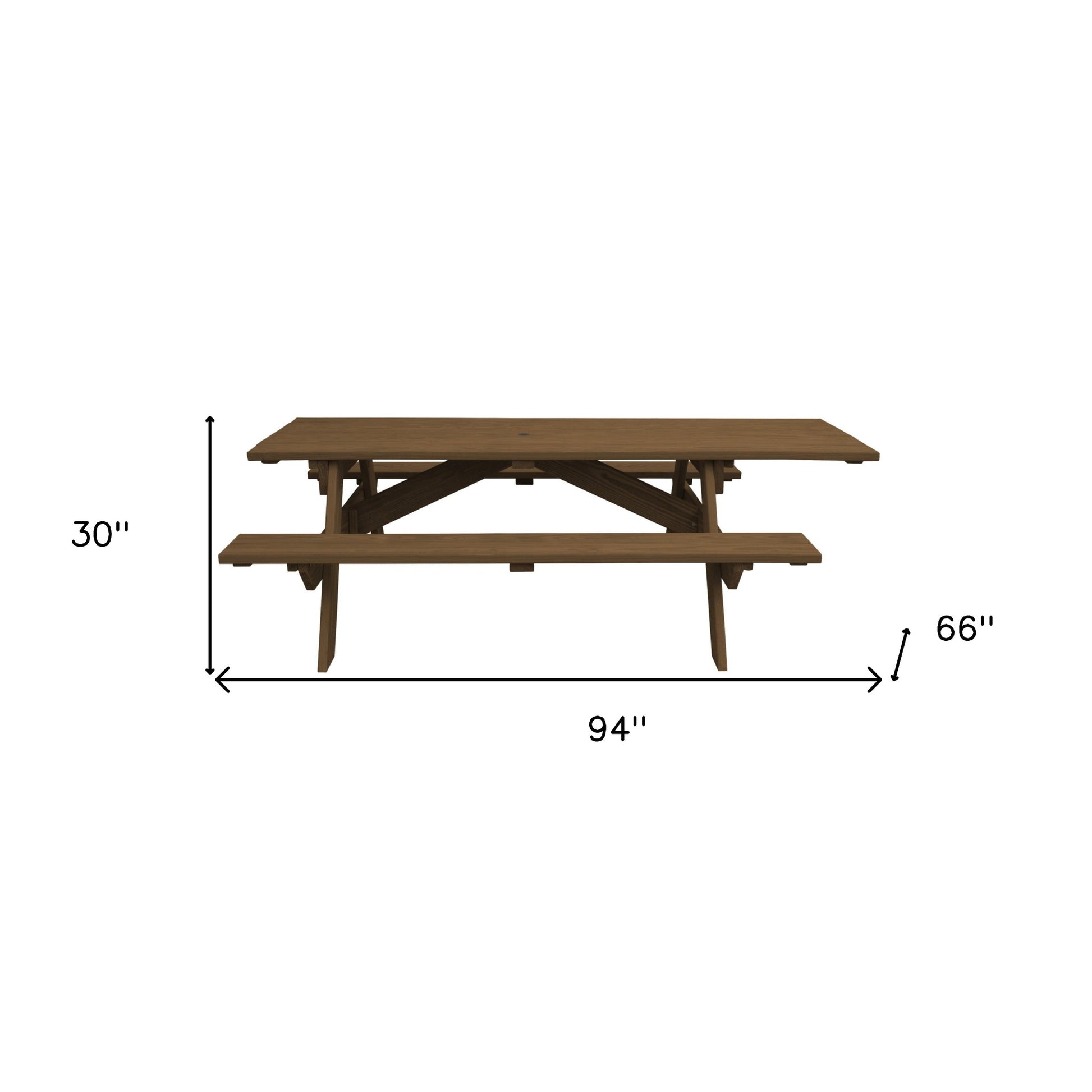 94" Brown Solid Wood Outdoor Picnic Table with Umbrella Hole-Outdoor Tables-DECOROLALA