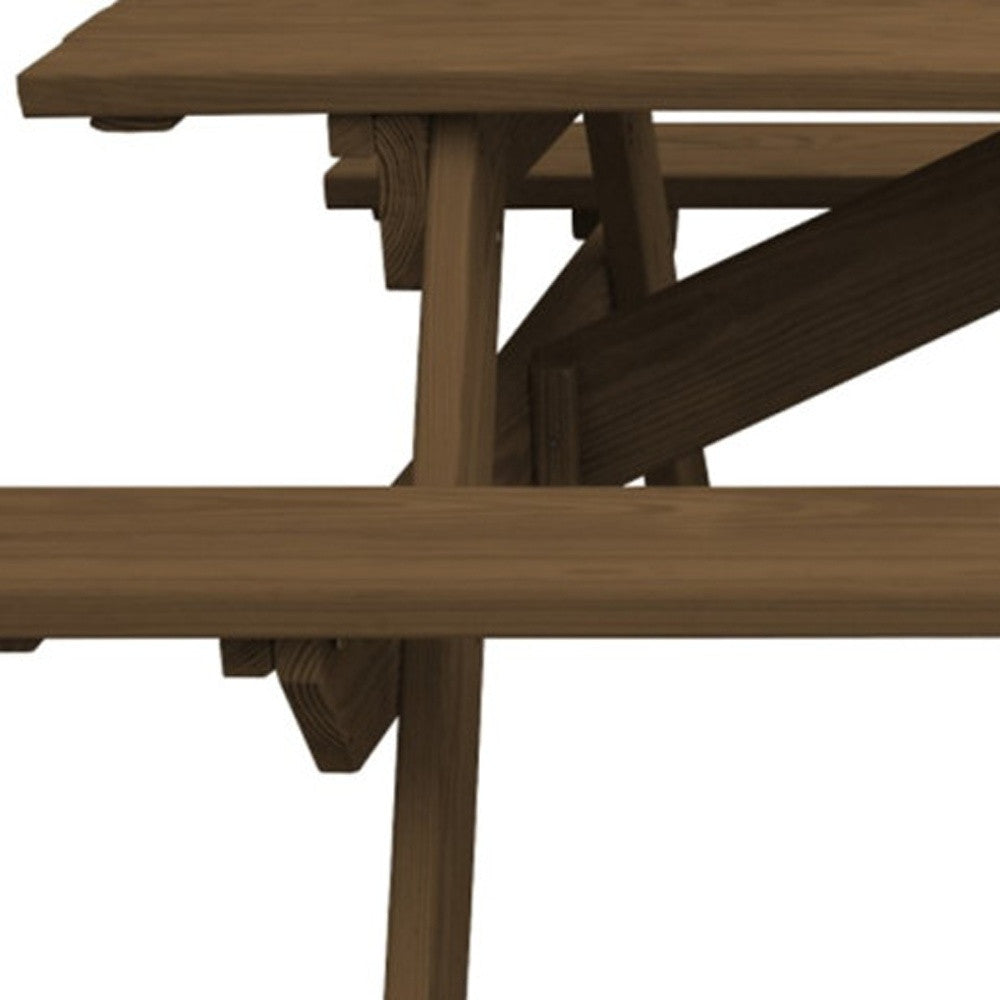 94" Brown Solid Wood Outdoor Picnic Table with Umbrella Hole-Outdoor Tables-DECOROLALA