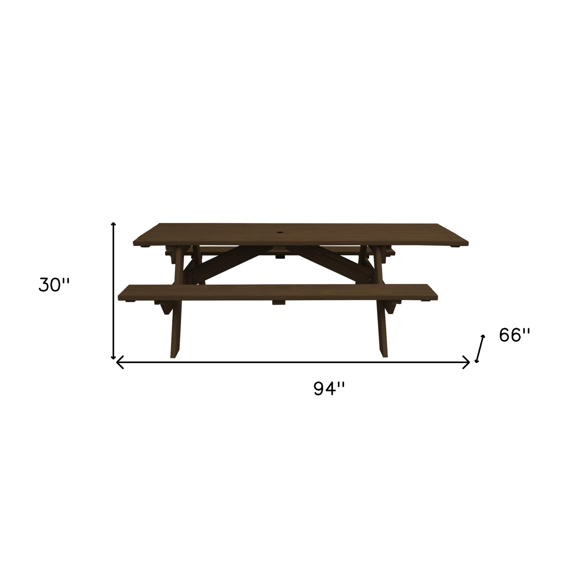 94" Dark Brown Solid Wood Outdoor Picnic Table with Umbrella Hole-Outdoor Tables-DECOROLALA