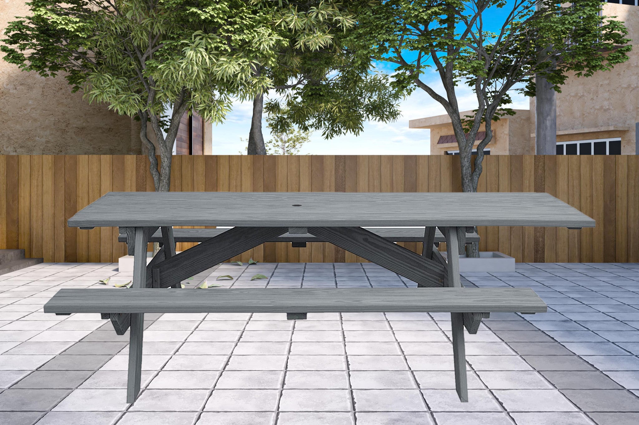 Gray Solid Wood Outdoor Picnic Table Umbrella Hole-2