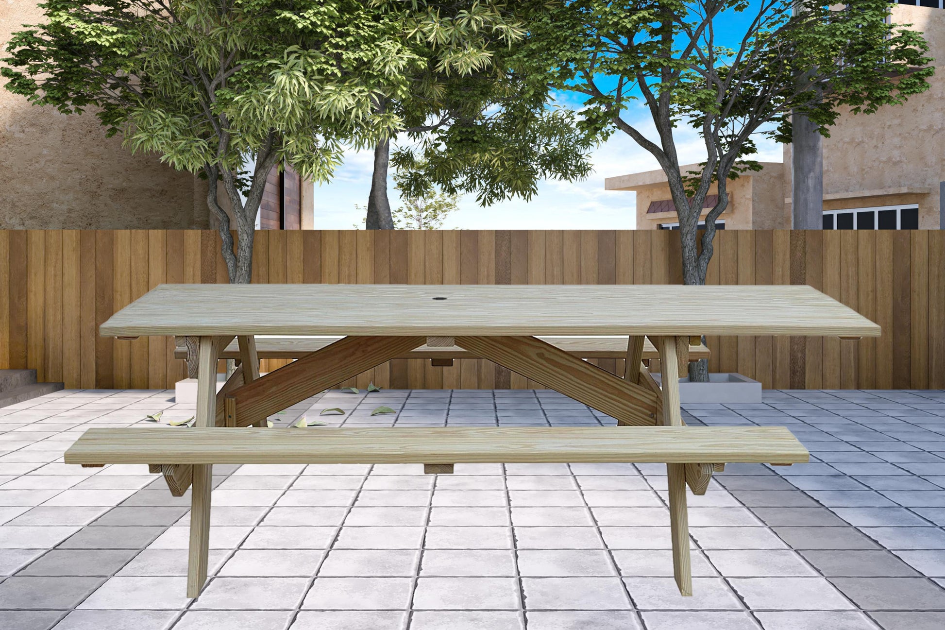 Beige Solid Wood Outdoor Picnic Table Umbrella Hole-2