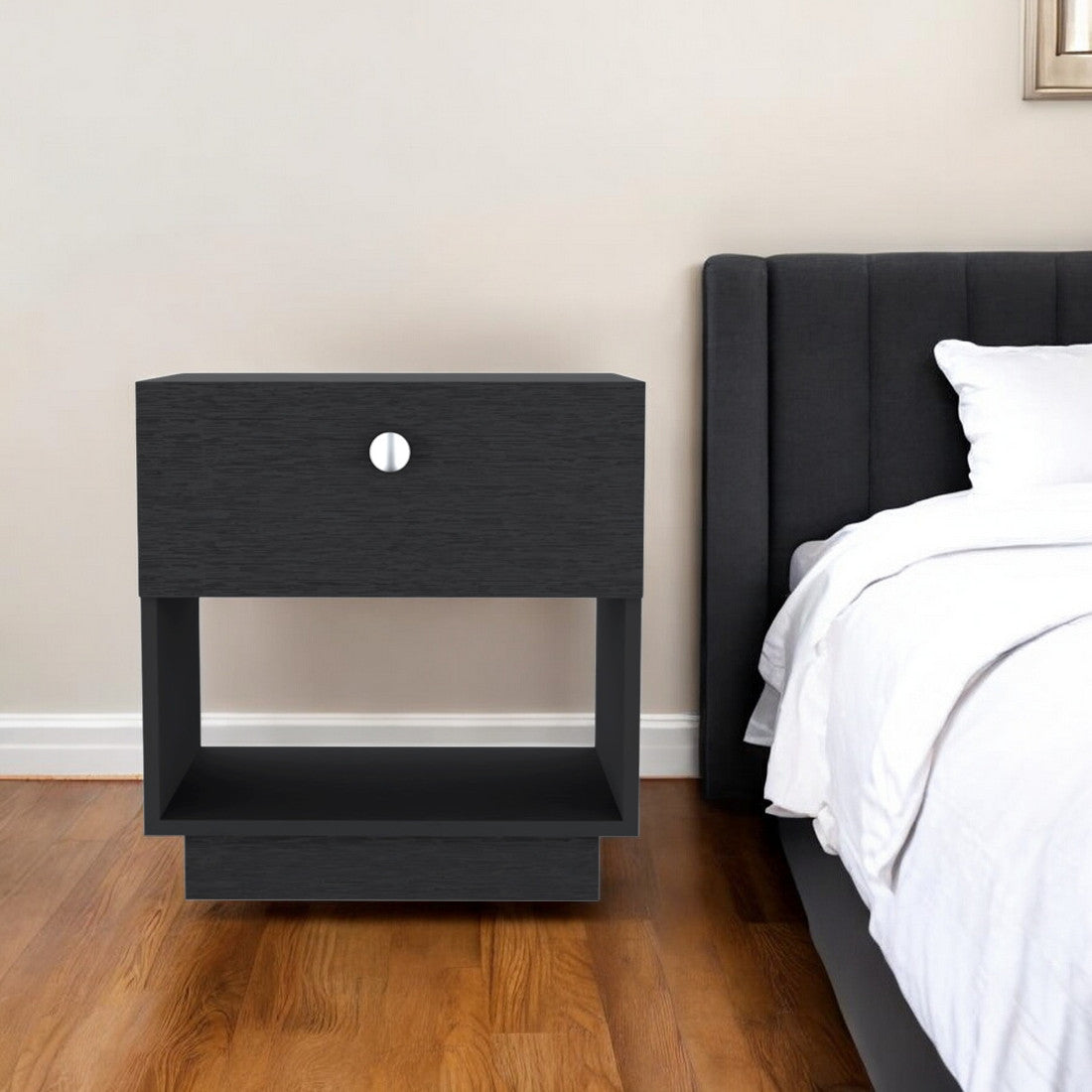 20" Black Wood One Drawer Nightstand-Nightstands & Bedside Tables-DECOROLALA