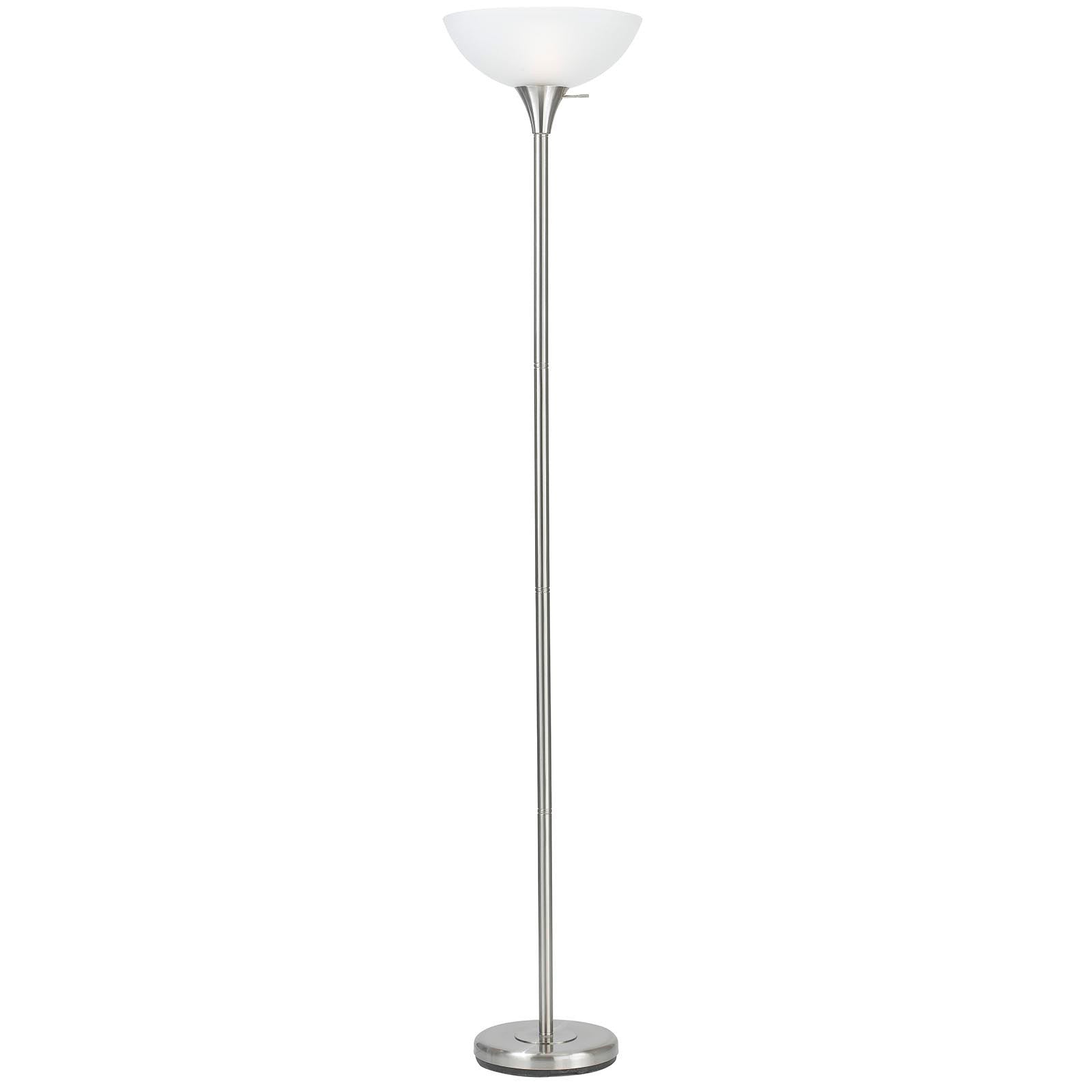 70" Nickel Metal Torchiere Floor Lamp With White Glass Dome Shade-Floor Lamps-DECOROLALA