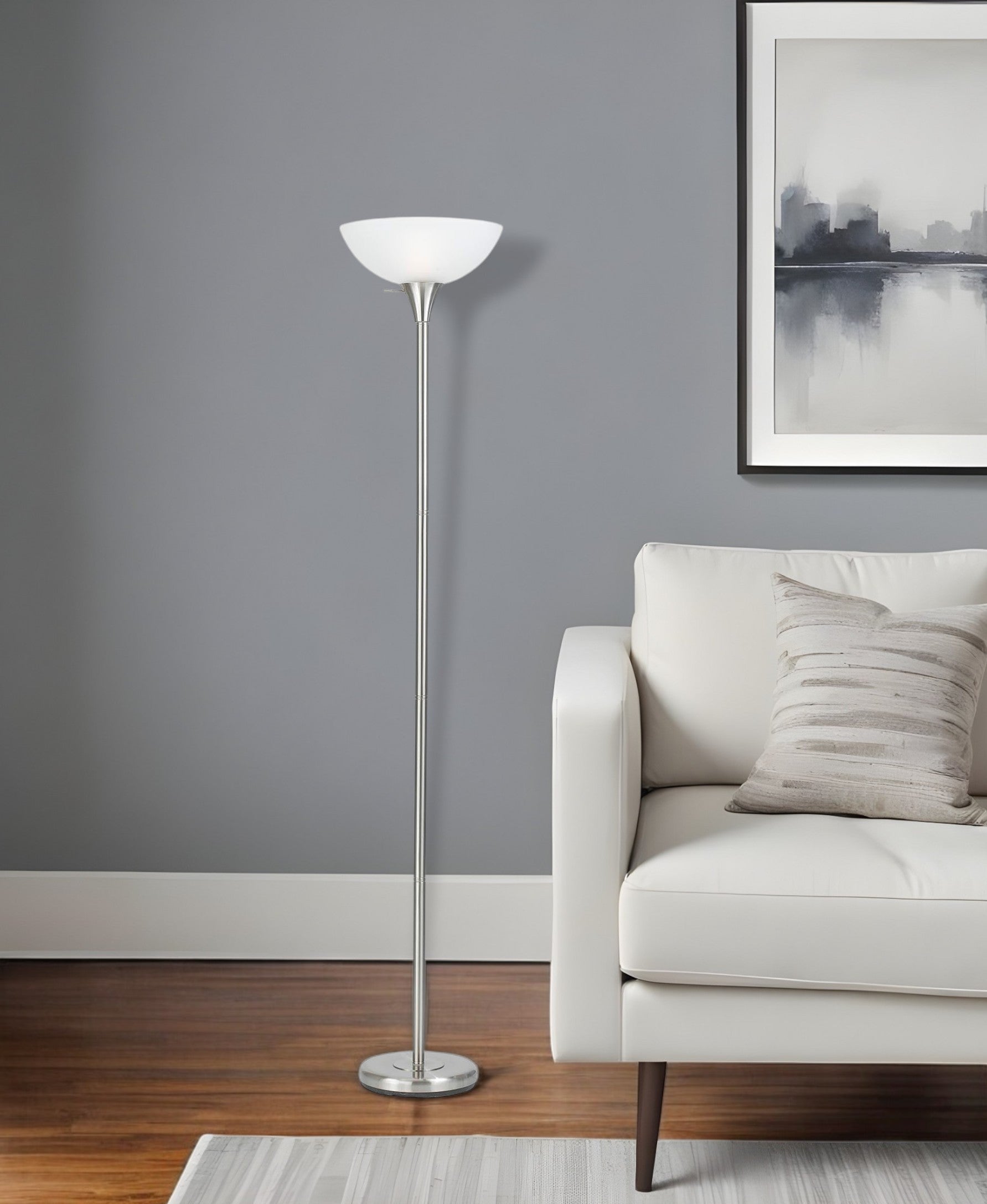 70" Nickel Metal Torchiere Floor Lamp With White Glass Dome Shade-Floor Lamps-DECOROLALA