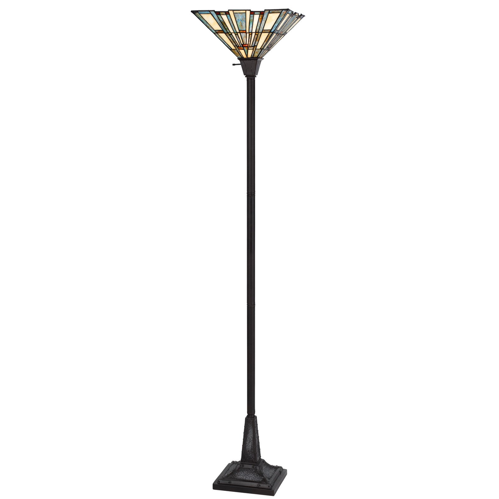 72" Bronze Torchiere Floor Lamp With Gray and Ivory Abstract Tiffany Glass Novelty Shade-Floor Lamps-DECOROLALA