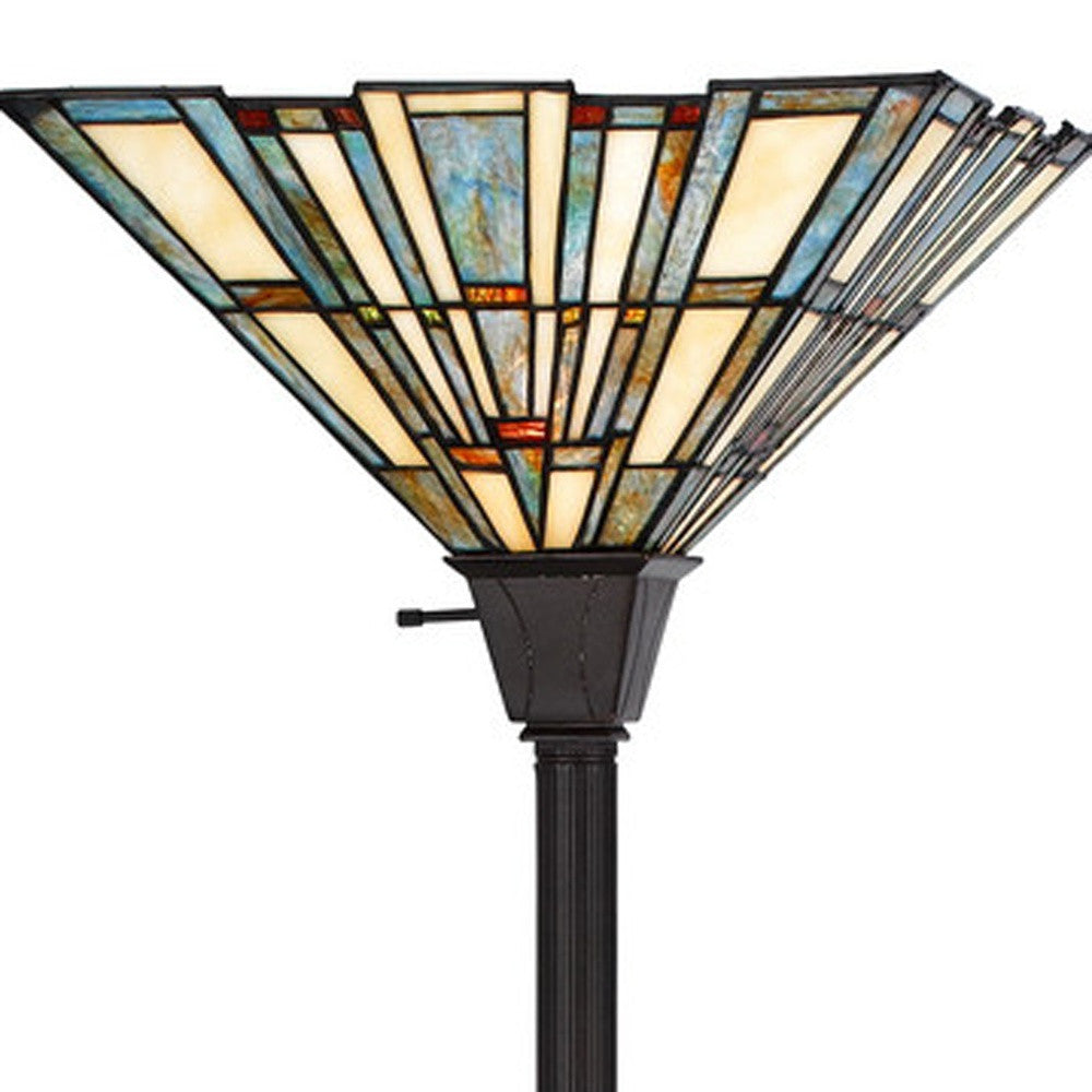 72" Bronze Torchiere Floor Lamp With Gray and Ivory Abstract Tiffany Glass Novelty Shade-Floor Lamps-DECOROLALA
