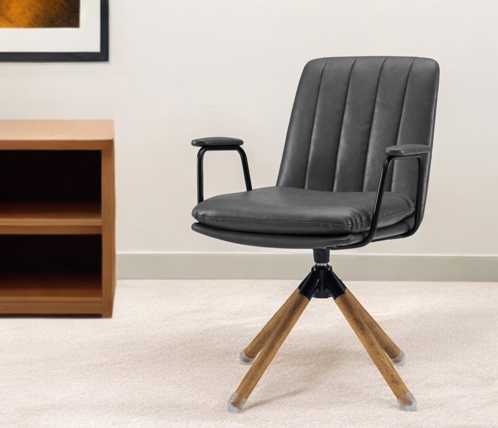 23" Gray And Natural Faux Leather Swivel Arm Chair-0
