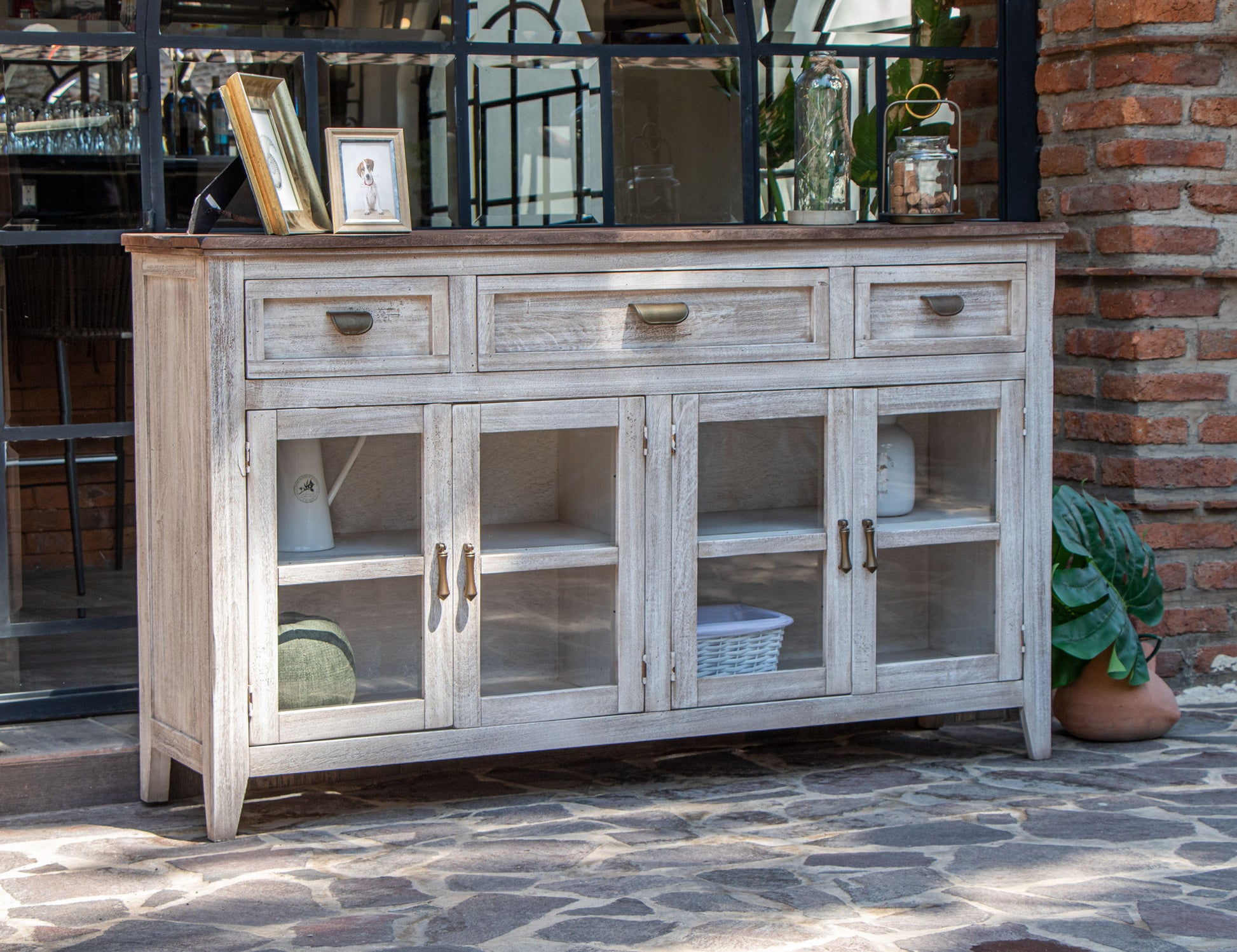 67" White Solid and Manufactured Wood Distressed Credenza-Sideboards-DECOROLALA