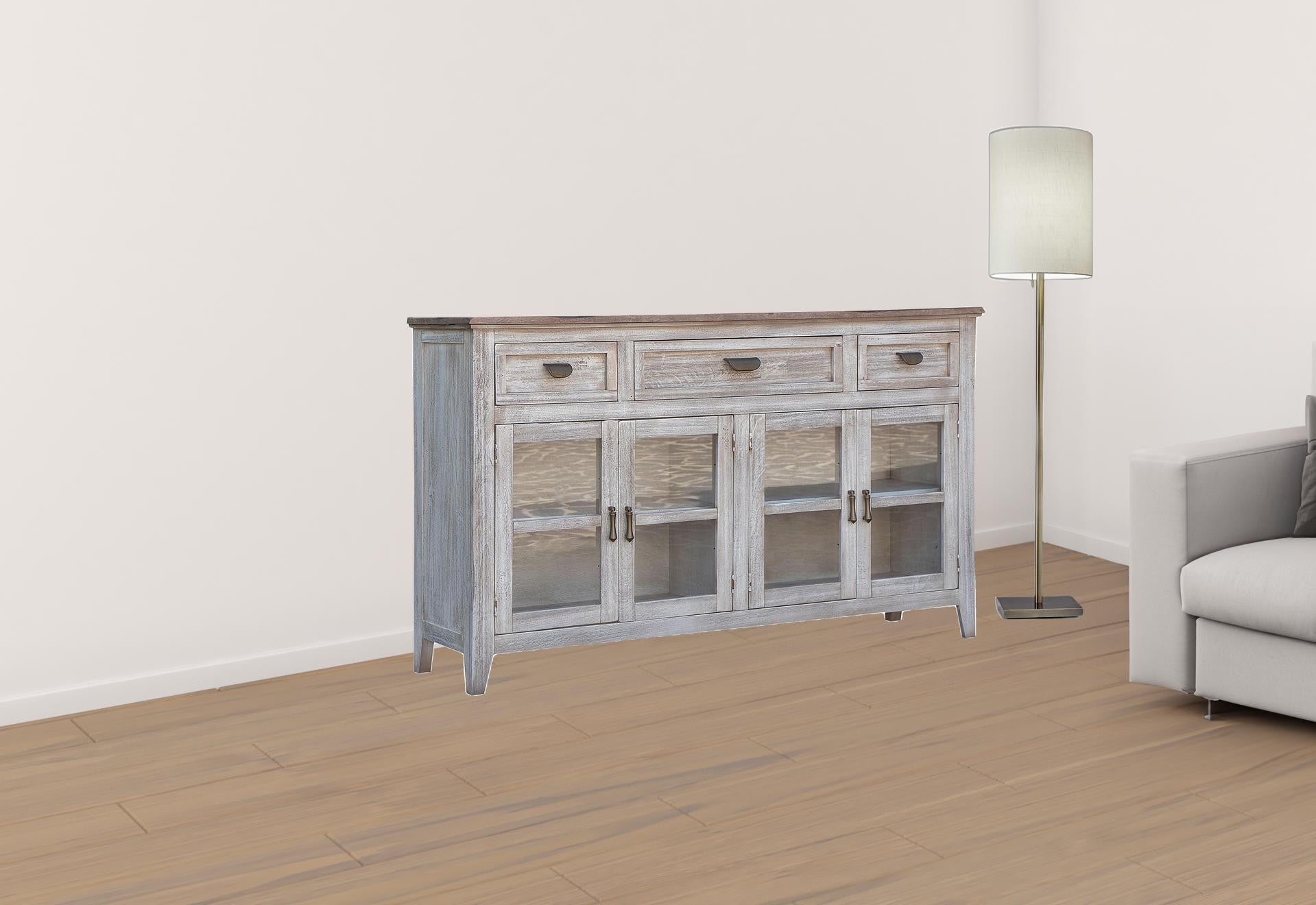 67" White Solid and Manufactured Wood Distressed Credenza-Sideboards-DECOROLALA
