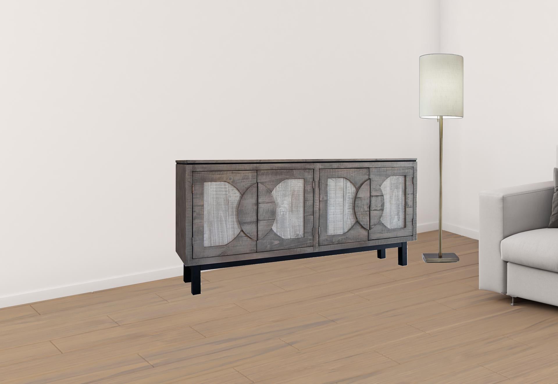 69" Gray Solid and Manufactured Wood Distressed Credenza-Sideboards-DECOROLALA