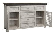 70" Antiqued White Solid and Manufactured Wood Distressed Buffet Table-Sideboards-DECOROLALA