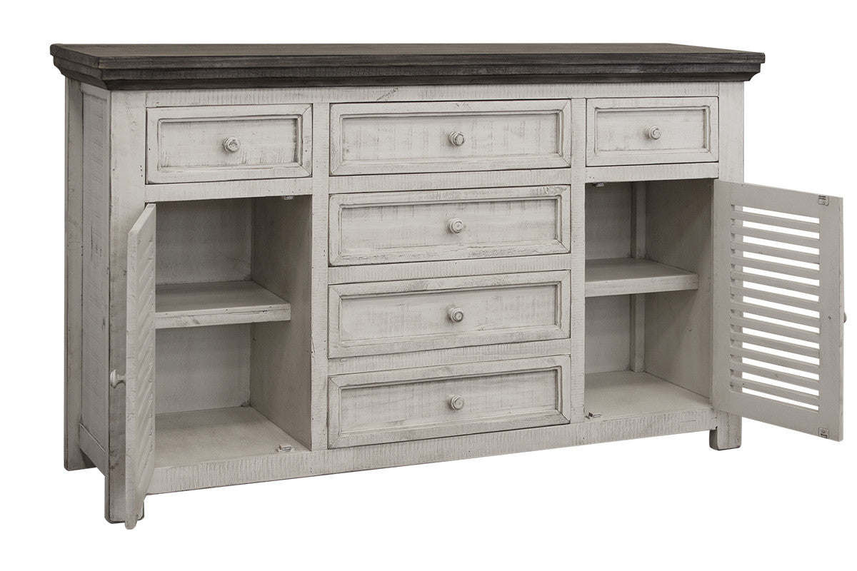 70" Antiqued White Solid and Manufactured Wood Distressed Buffet Table-Sideboards-DECOROLALA