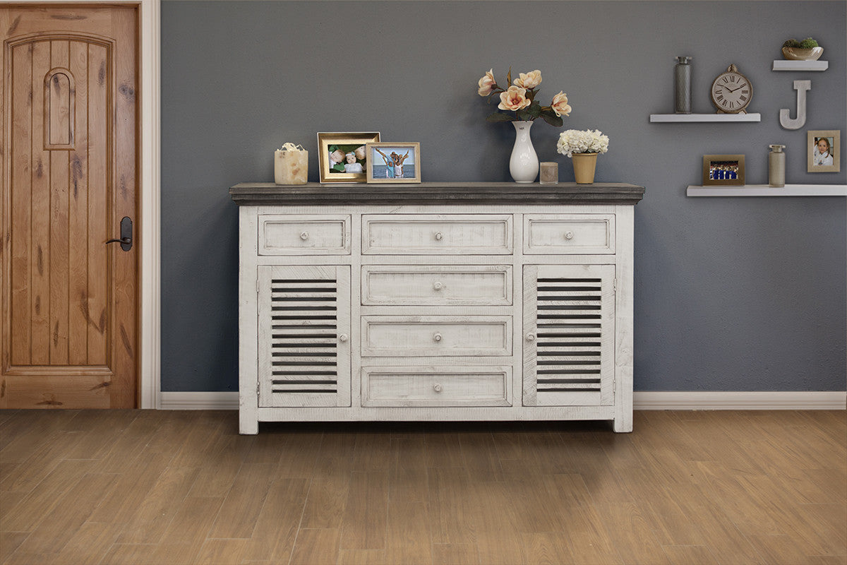70" Antiqued White Solid and Manufactured Wood Distressed Buffet Table-Sideboards-DECOROLALA
