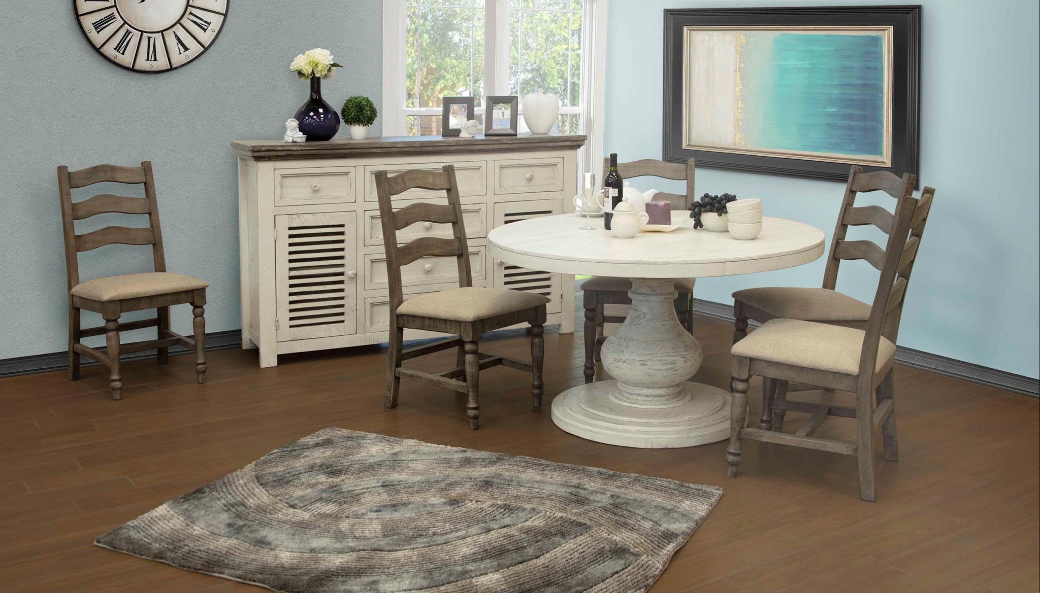 70" Antiqued White Solid and Manufactured Wood Distressed Buffet Table-Sideboards-DECOROLALA