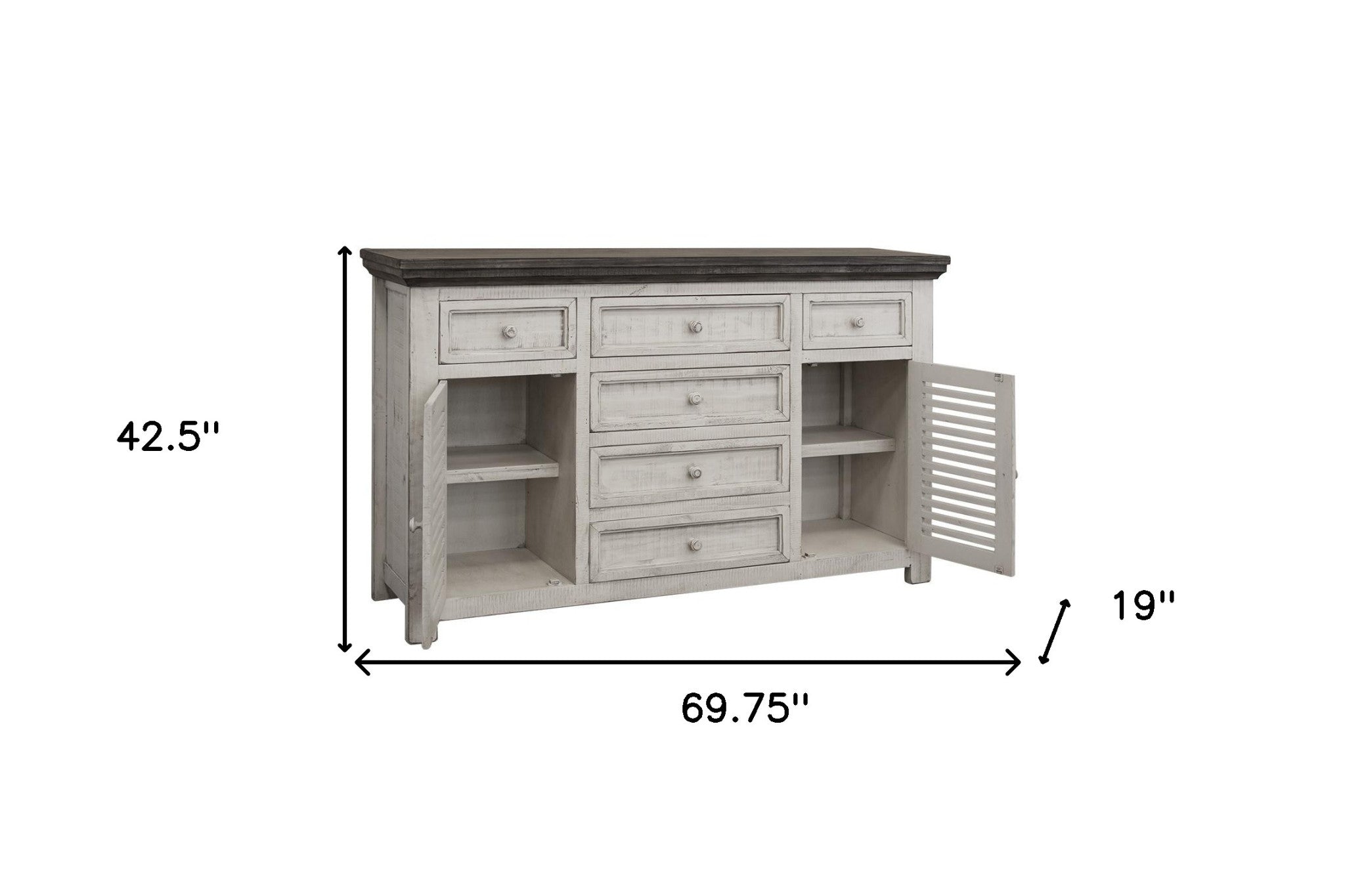 70" Antiqued White Solid and Manufactured Wood Distressed Buffet Table-Sideboards-DECOROLALA