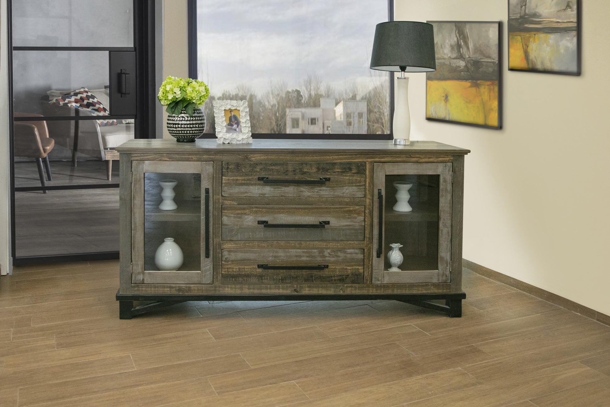 69" Brown Solid and Manufactured Wood Distressed Buffet Table-Sideboards-DECOROLALA