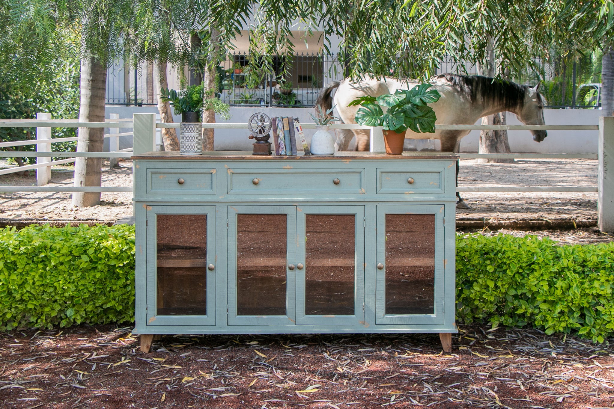 70" Green Solid and Manufactured Wood Distressed Credenza-Sideboards-DECOROLALA