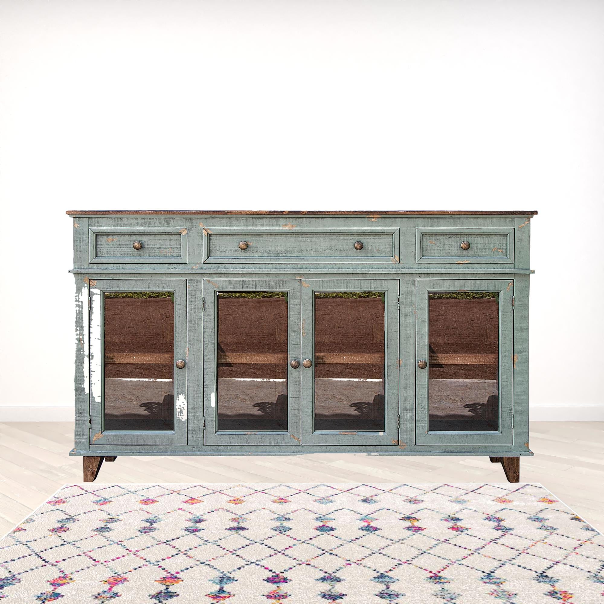 70" Green Solid and Manufactured Wood Distressed Credenza-Sideboards-DECOROLALA