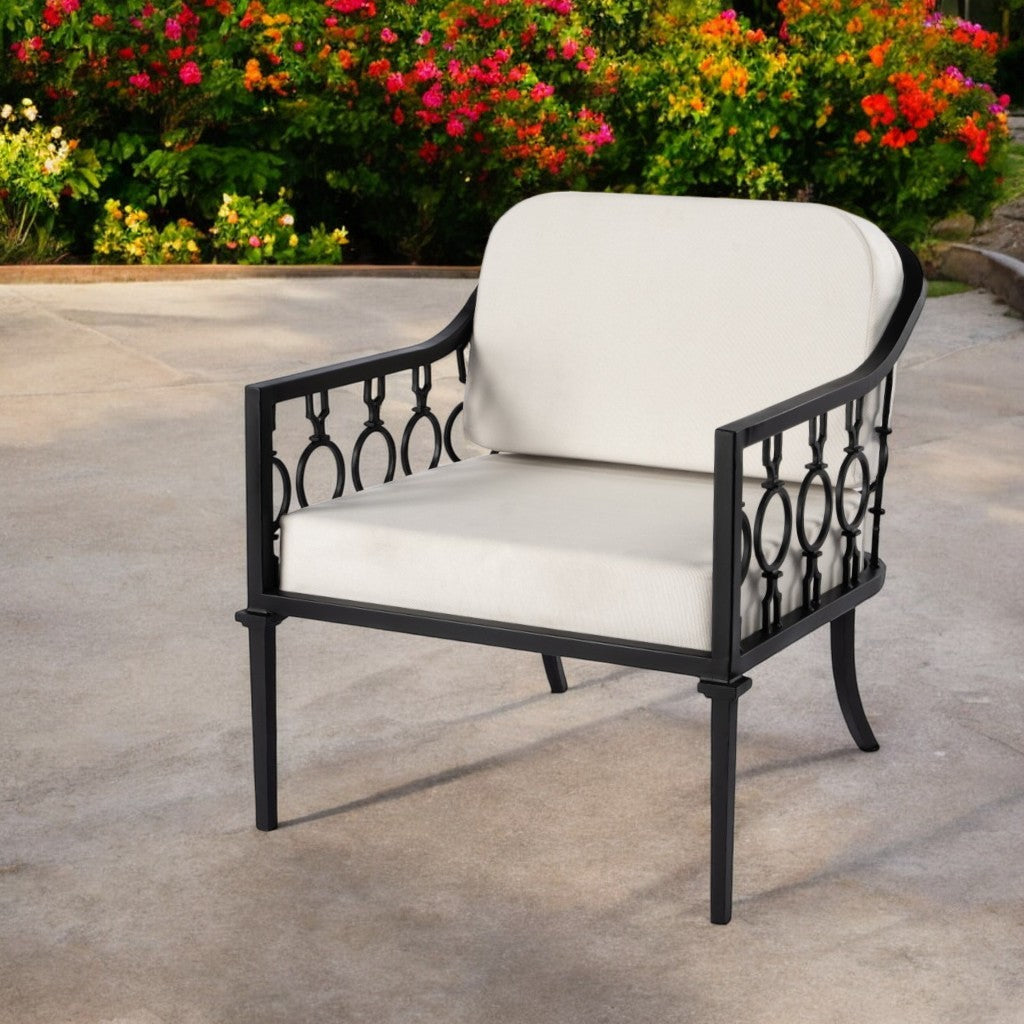 26" Black Metal Outdoor Arm Chair with Ivory Cushion-Outdoor Chairs-DECOROLALA