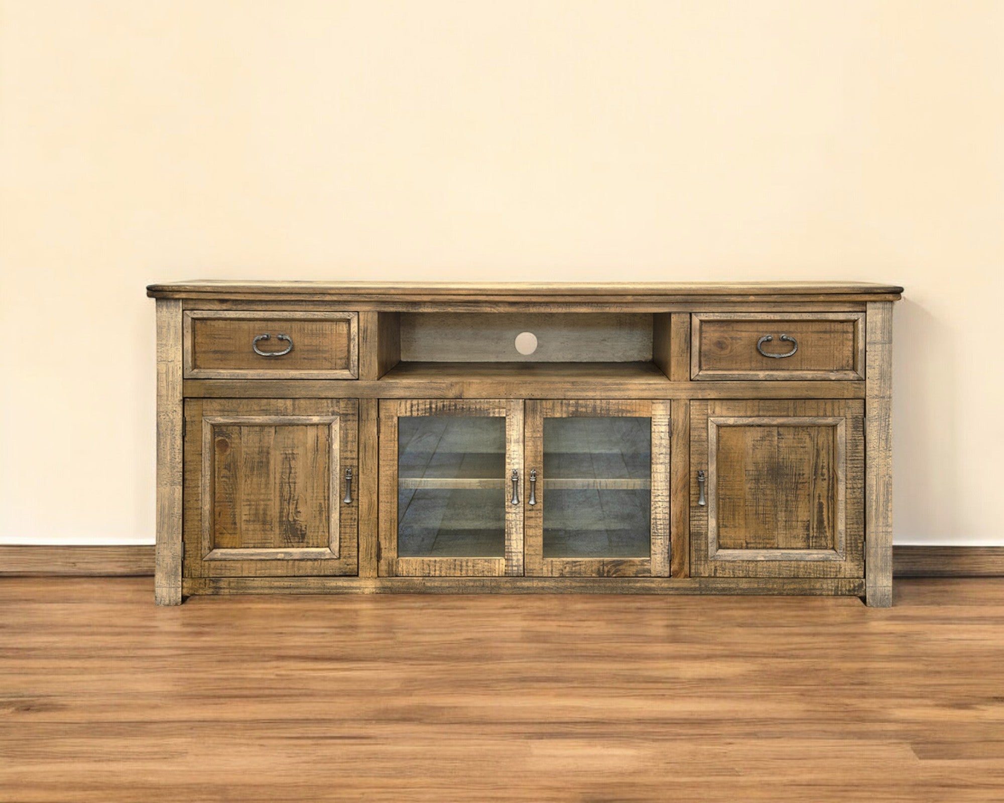 80" Brown Solid Wood Cabinet Enclosed Storage Distressed TV Stand-TV Stands-DECOROLALA