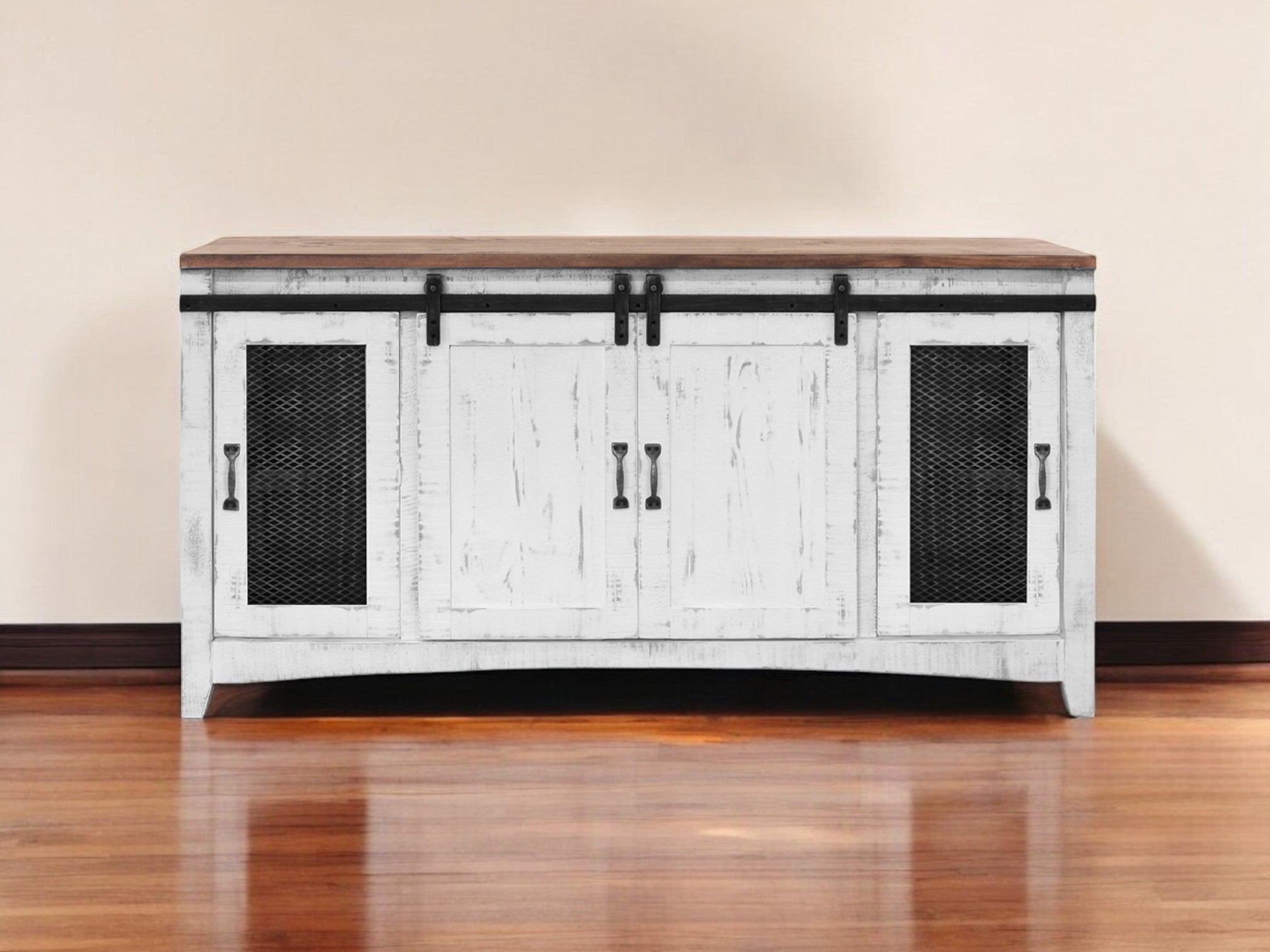 68" White Solid Wood Cabinet Enclosed Storage Distressed TV Stand-TV Stands-DECOROLALA