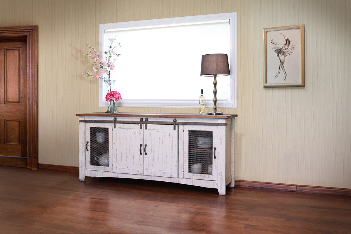 79" White Solid Wood Cabinet Enclosed Storage Distressed TV Stand-TV Stands-DECOROLALA