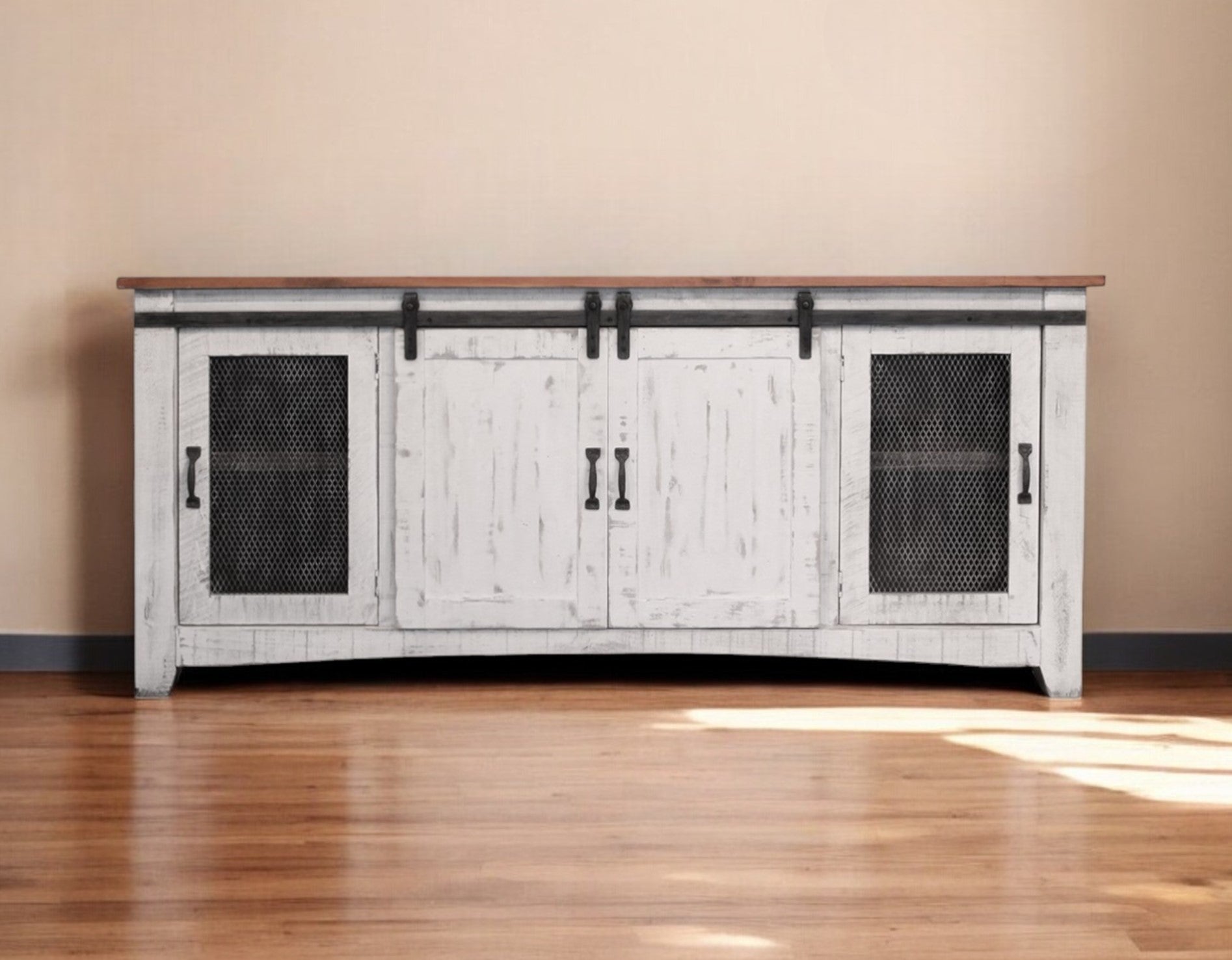 79" White Solid Wood Cabinet Enclosed Storage Distressed TV Stand-TV Stands-DECOROLALA
