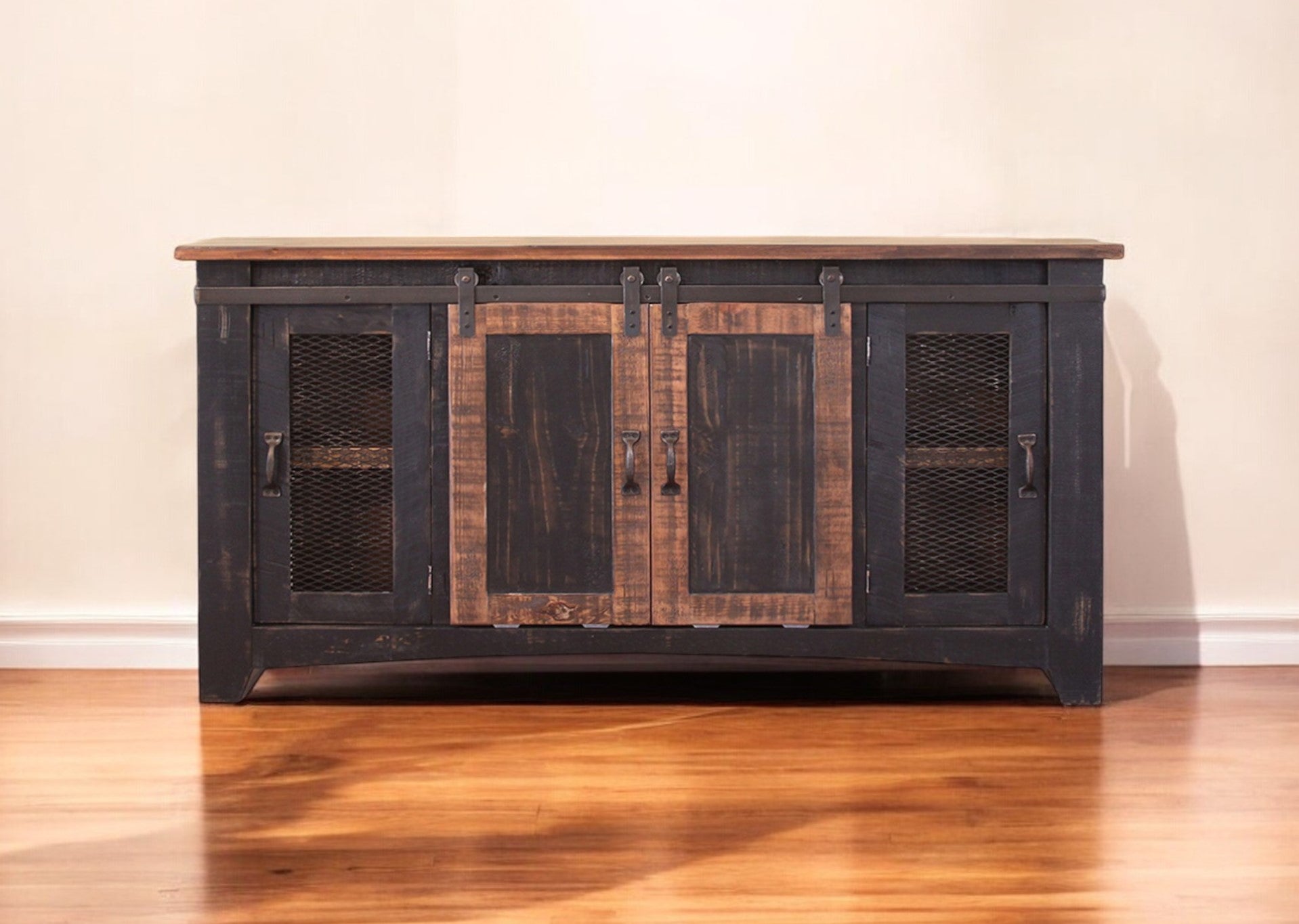 60" Black Solid Wood Cabinet Enclosed Storage Distressed TV Stand-TV Stands-DECOROLALA