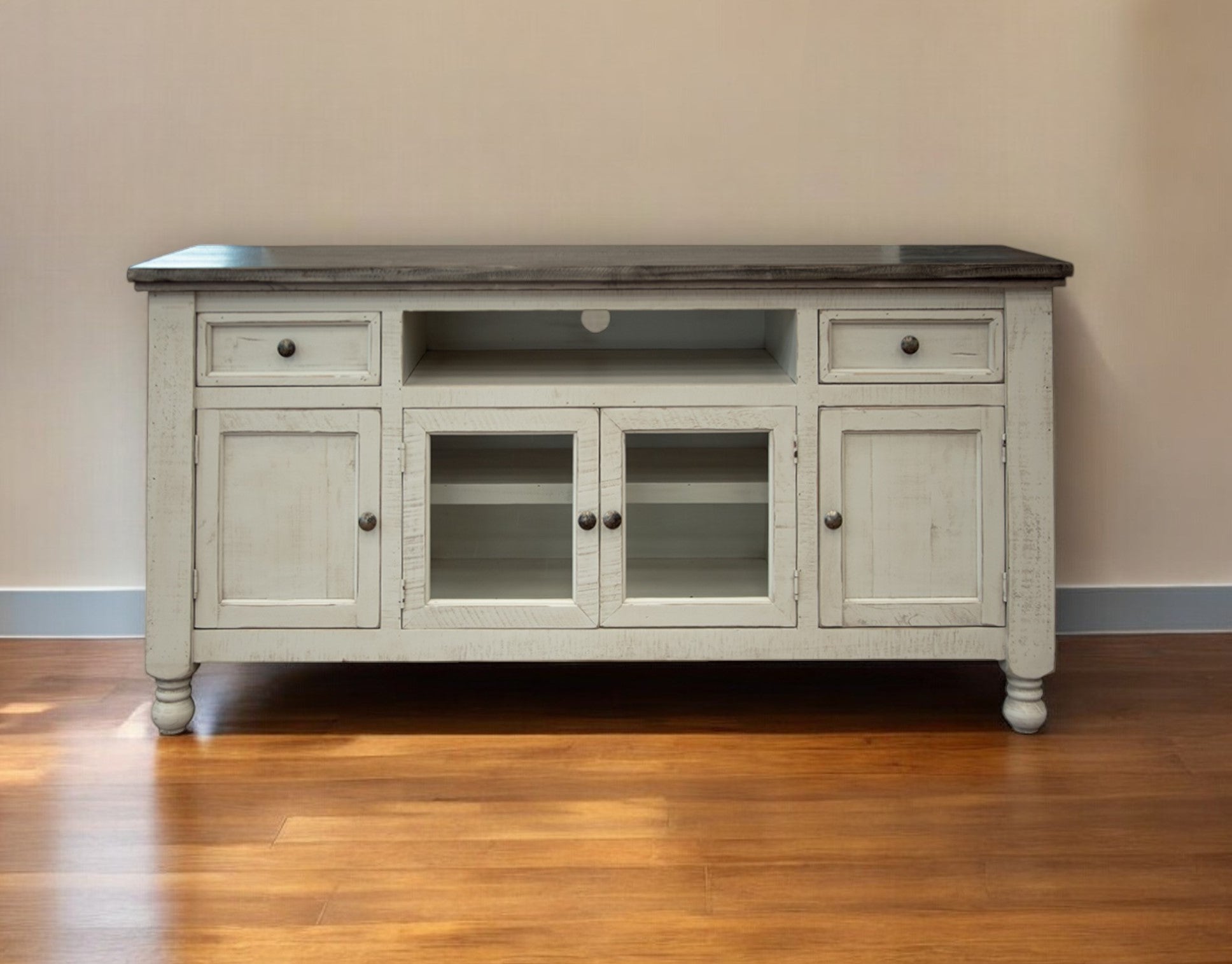 70" Ivory Solid Wood Enclosed Storage Distressed TV Stand-TV Stands-DECOROLALA