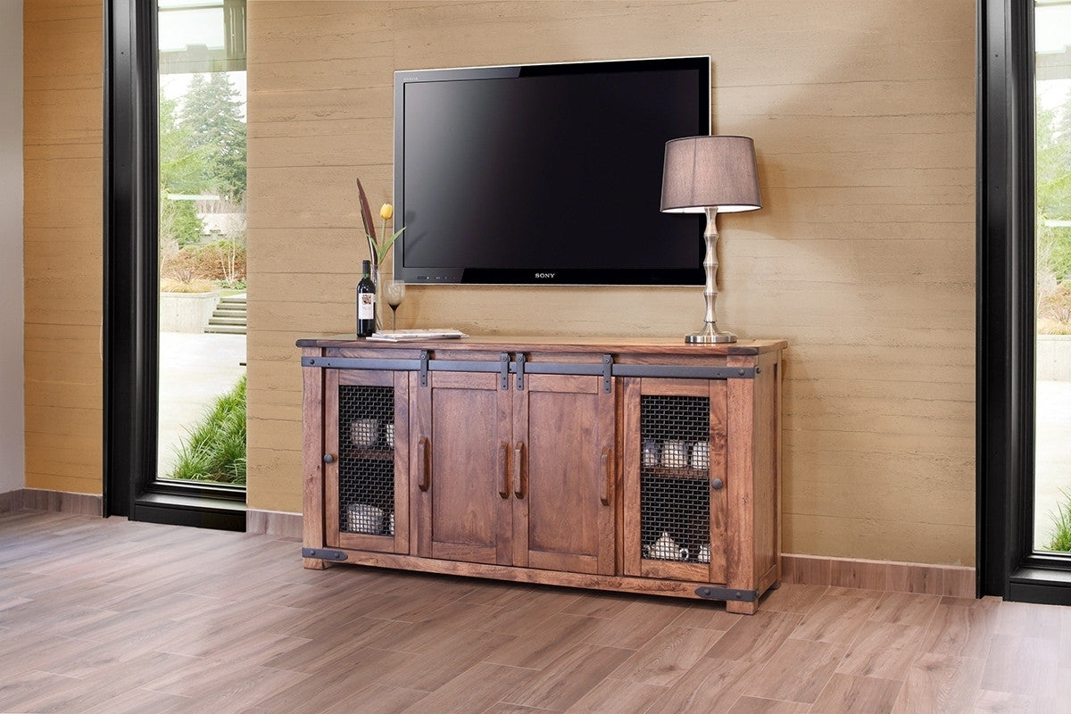 70" Brown Solid Wood Cabinet Enclosed Storage Distressed TV Stand-TV Stands-DECOROLALA